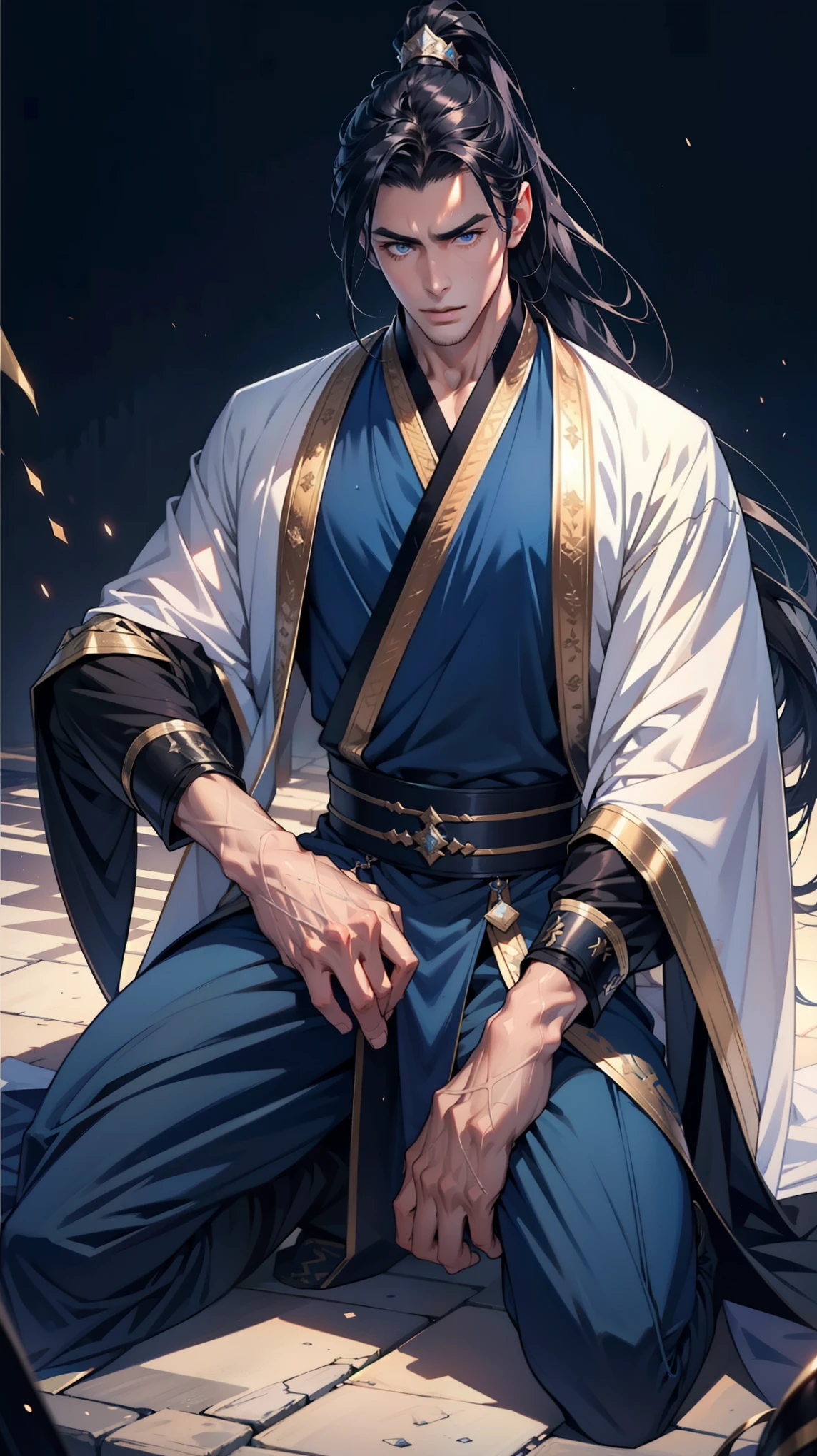 high quality，Best picture quality，Ultra-clear，Level Lighting，Ultra Detailed，Ray Tracing，individual（Young men），Handsome，（Youthful feeling），Black long hair，High Ponytail Hairstyle，blue eyes，Perfect male body，Wearing a blue ancient robe，kneel，