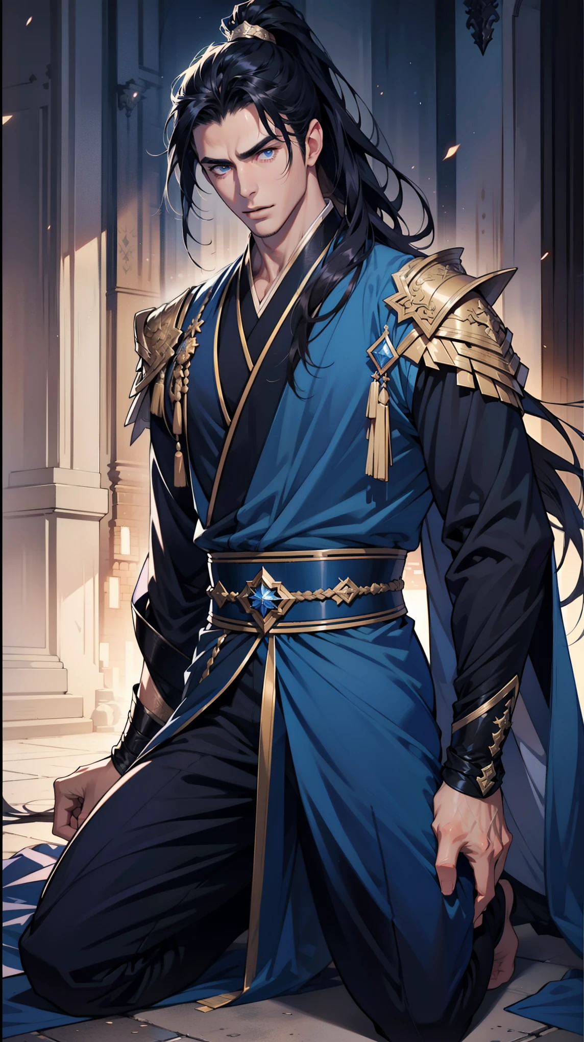 high quality,Best picture quality,Ultra-clear,Level Lighting,Ultra Detailed,Ray Tracing,individual(Young men),Handsome,(Youthful feeling),Black long hair,High Ponytail Hairstyle,blue eyes,Perfect male body,Wearing a blue ancient robe,kneel,