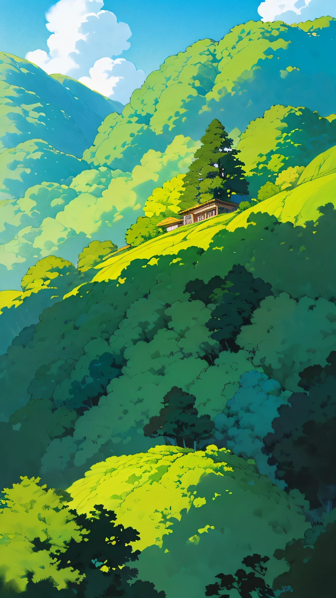 Anime-style panorama showcasing a grand house poised magnificently atop a lush, verdant hill. From a high angle, the stage is set with an aesthetically pleasing balance between the foreground and background. The house, intricately detailed and dressed in vibrant hues, stands tall against a backdrop of rolling hills and valleys, meticulously adorned with an array of lush greenery and meticulously rendered trees. The sky above is a masterpiece of melted cobalt and azure, adorned with lazily drifting wispy clouds that cascade across the horizon. The entire scene, bathed in soft, warm lighting