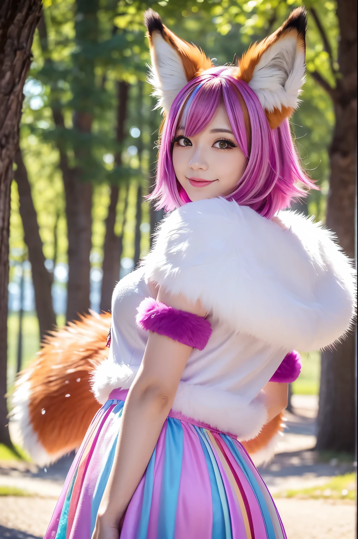 ultra sexy female, (-anime), only 1 female, very short hair, beautiful smile, lipgloss, long lashes, defined eyebrows, fluffy fur fox cosplay, fluffy fur vivid colors outfit, fox cosplay accessoires, fox ears, vivid colors, look at the camera, cinematic light, large park background with trees, sweet and sexy pose
