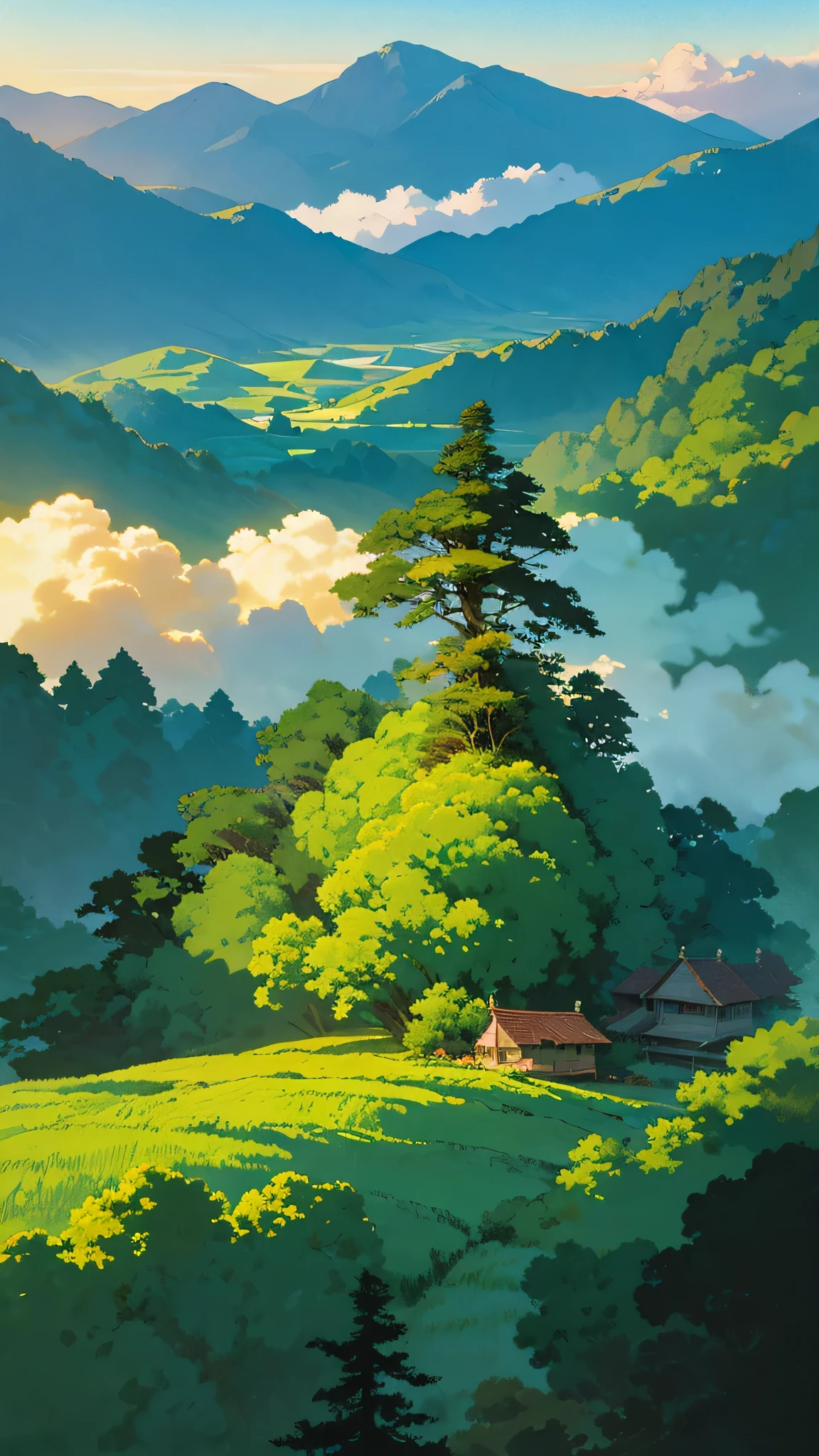 Anime-style masterpiece unveils a breathtaking landscape, showcasing a secluded house elegantly perched on a verdant hill. Overlooking the panorama from a lofty vantage point, the scene offers a harmonious blend of elements, as misty clouds gently cup the mountains in a graceful embrace, whilst the cerulean sky stretches infinitely above. The intricate details of the lush green grass and trees are highlighted against the soft, golden hour lighting, their contours accentuated to perfection. The meticulously arranged composition of this tranquil anime scene stirs the senses and offers a delightful spectacle that invites reflection. Observe, as the house's ro