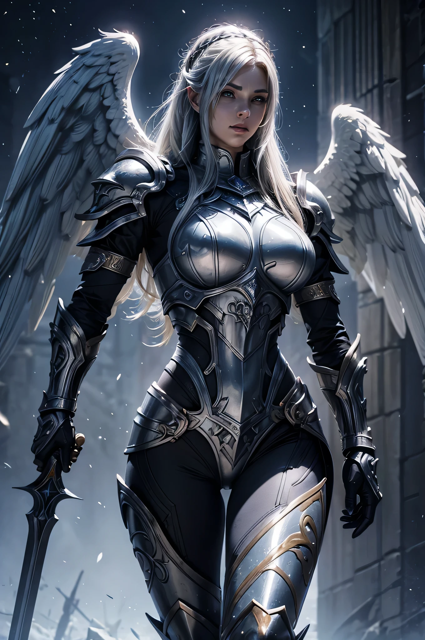 female paladin, silver armor, angel nimbus, (perfect anatomy), (sports body), (Sexual), sport body, (perfect arms), world of warcraft, Dark ambient