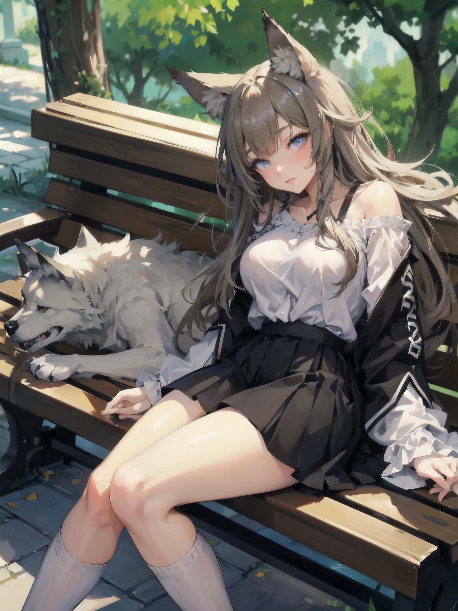 high quality,hd,16k,sharp line,1girl,fantasy,fem
ale wolf ears,wolf tail,beautiful hair ,cute face, large breasts ,nice legs,,focus girl,detailed beautiful face,detailed clothes,beautiful eyes,dynamic angle