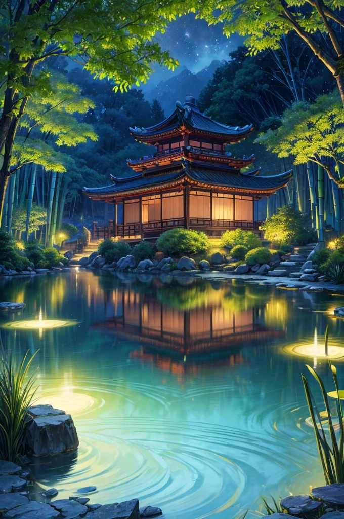 (Beautiful ancient Chinese architecture, Moonlight twinkling, Lake at night, Bamboo Forest, Stone Bridge Arch, Rippling water, Rockery trails, Blooming water lilies, Hot spring steam, Auspicious moonlight illustration: 1.0), epic work, Super detailed and realistic, Highly realistic lighting, Best wallpaper quality, masterpiece. (Very detailed CG Unity 8k wallpaper) . 