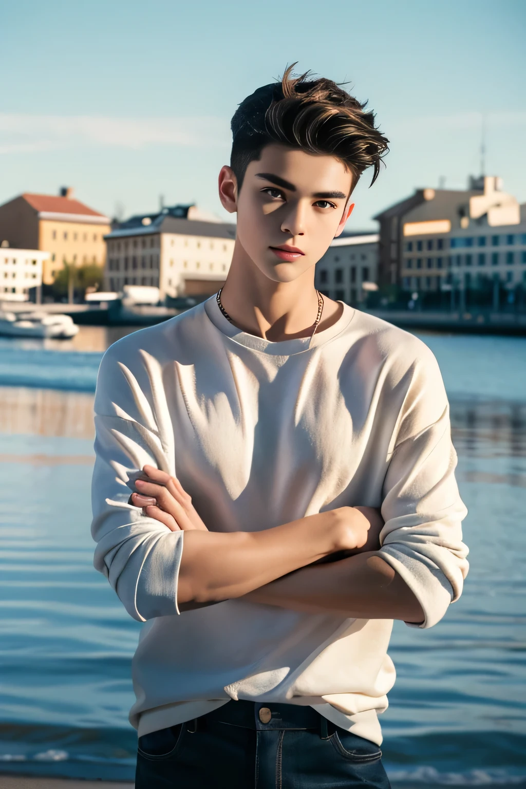 portrait of a boy, , 1boy, wearing casual clothes, school, top model, idol, handsome boy, symmetry, focus on the boy, model pose, slim, beauty, artistic portrait, artistic photo, pose, pale skin, perfect skin, ultra detailed skin, ultra detailed, real, caucasian boy, european boy, show biceps, young man, film grain, best quality, best photography award, medium shot, american shot, fashion, remote camera