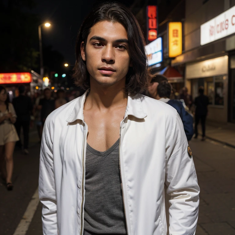 melhor qualidade, Obra de arte, ultra high resolution, (Realisticidade:1.4), foto original, cinematic lighting, 1 menino branco, Sozinho, foco masculino, cabelo castanho, jaqueta, camisa, blurry background, blurry, tronco, white camisa, realista, cabelo curto, couro jaqueta, black jaqueta, couro, arma (futuristic technological weapon), fundo a noite, em cidade distopica.
