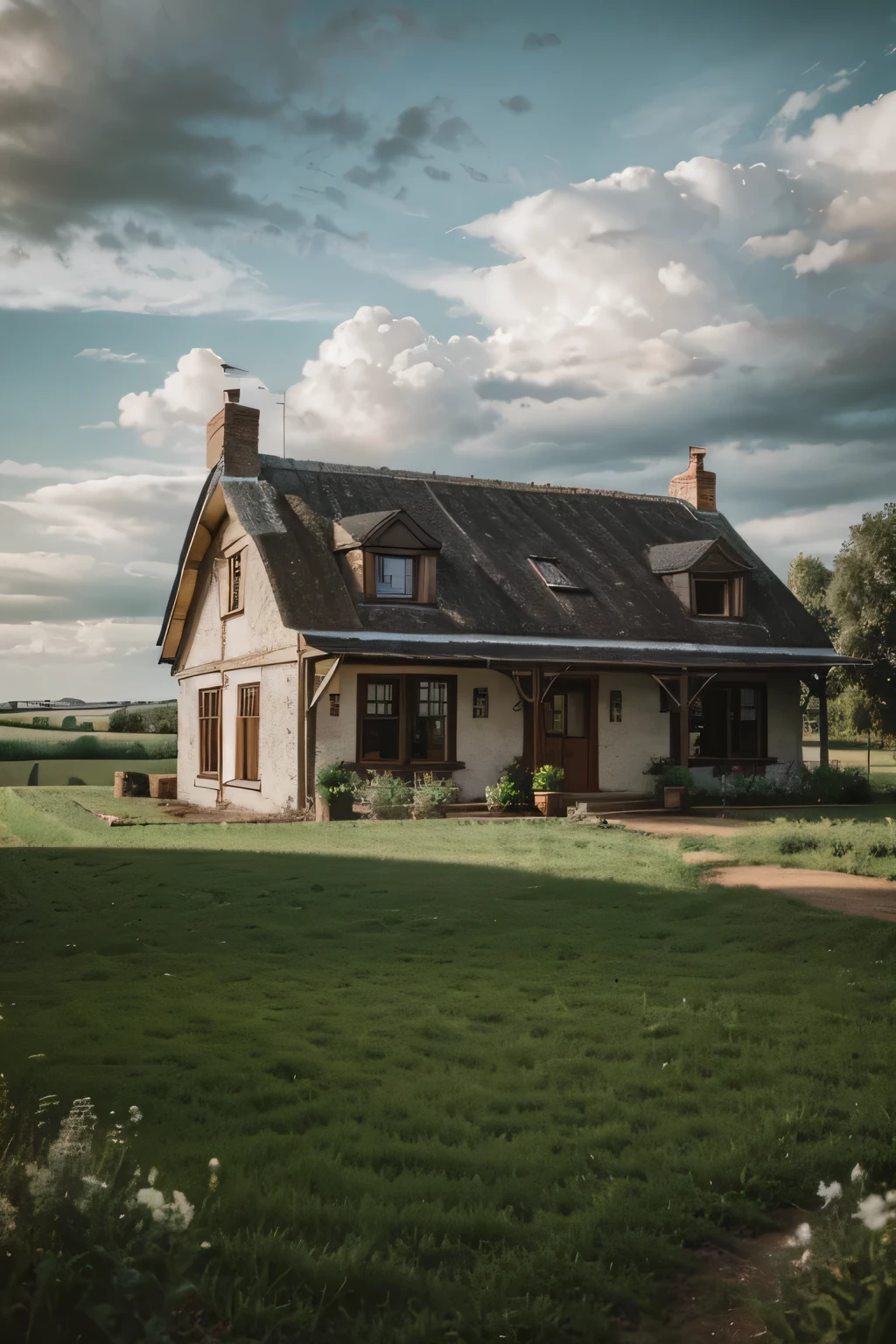 ((masterpiece:1.2, best quality)), vintage cottage view with beautiful country side landscape, cloudy day, wide shot, hyper realistic photo, raw photo,