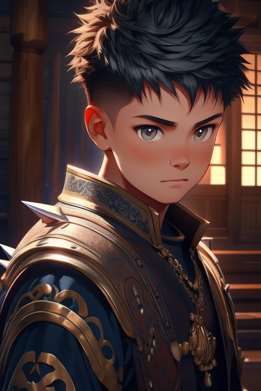 Unity 8k wallpaper, Ultra detailed, Beautiful and aesthetic, Masterpiece, Best quality, Extremely detailed, Realistic, 1boy, long spiked hair, crew cut hair, Cute, Young, Asian, Japanese role-playing game style, medieval, full body,