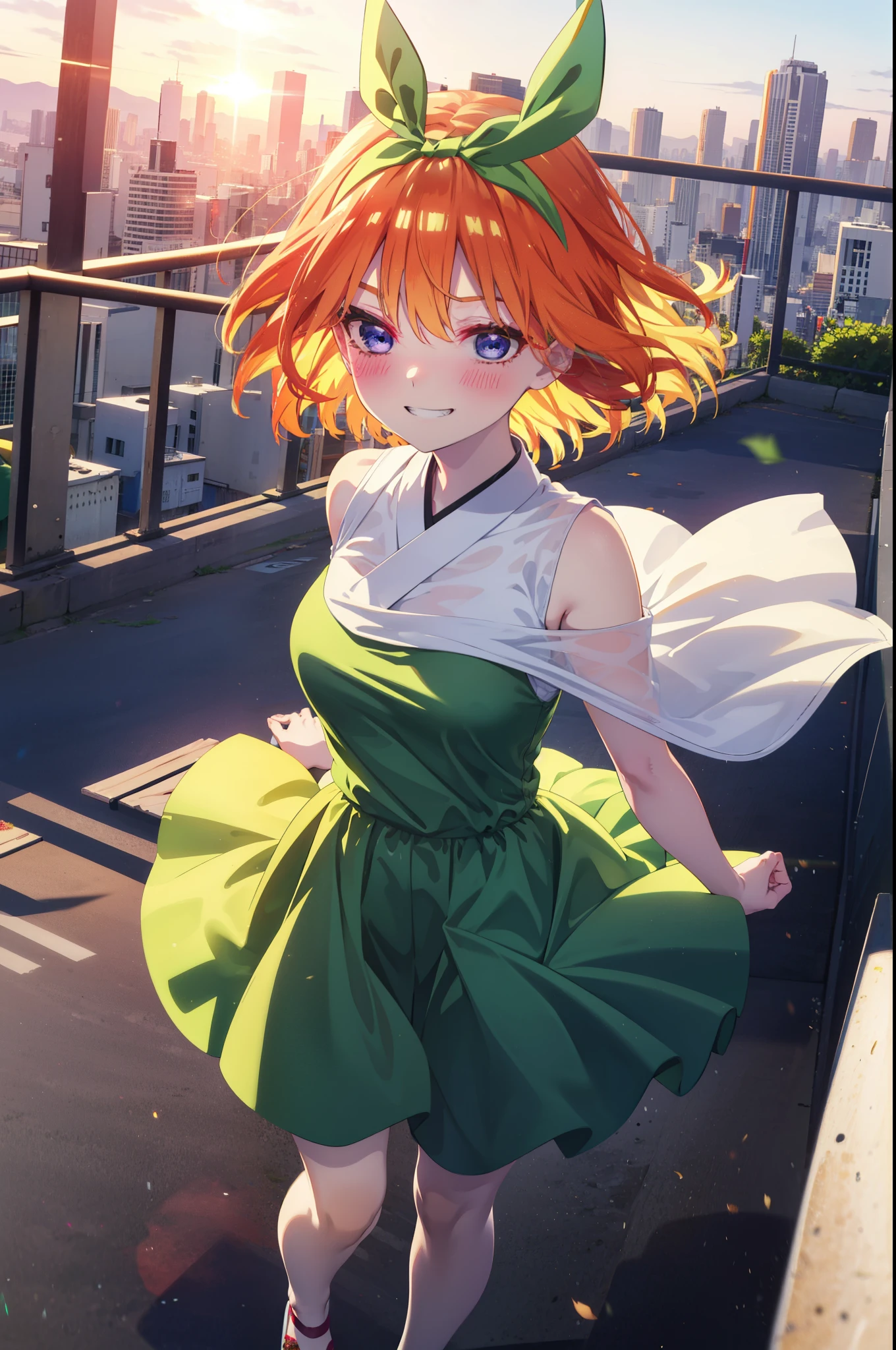 yotsubanakano, yotsuba nakano, bangs, short hair, blue eyes, Hair between the eyes, hair ribbon, hair band, Orange Hair, (Green ribbon:1.5), smile, Grin,smile,Sleeveless green dress,Bare arms,Green long skirt,Cute heeled sandals,sunset,evening,The sun goes down,My hair is blowing in the wind,whole bodyがイラストに入るように,Looking down from above,
break outdoors, city,海岸通り
break looking at viewer, whole body,
break (masterpiece:1.2), highest quality, High resolution, unity 8k wallpaper, (shape:0.8), (Beautiful details:1.6), Highly detailed face, Perfect lighting, Highly detailed CG, (Perfect hands, Perfect Anatomy),