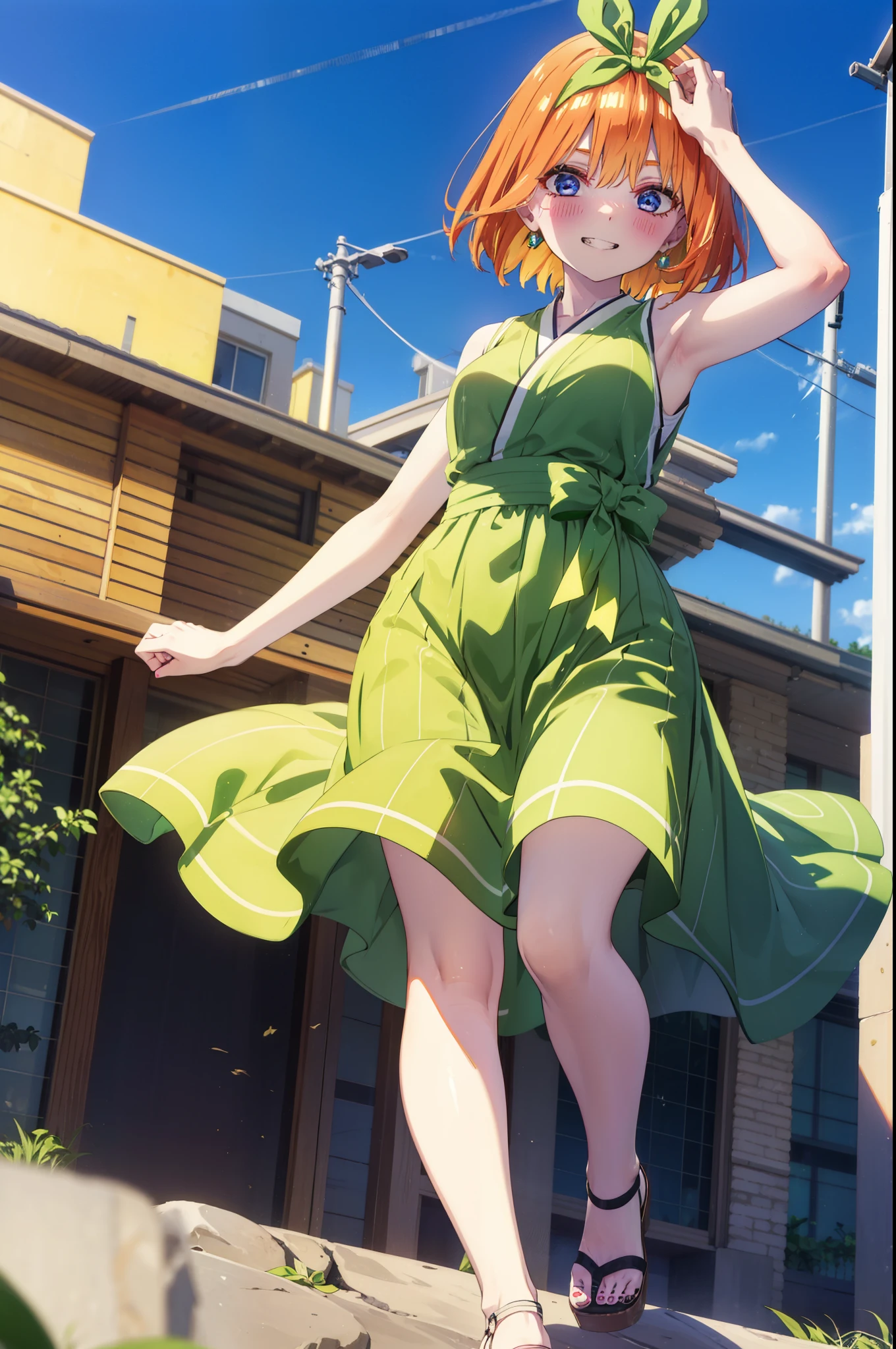 yotsubanakano, yotsuba nakano, bangs, short hair, blue eyes, Hair between the eyes, hair ribbon, hair band, Orange Hair, (Green ribbon:1.5), smile, Grin,smile,Sleeveless green dress,Bare arms,Green long skirt,Cute heeled sandals,sunset,evening,The sun goes down,My hair is blowing in the wind,whole bodyがイラストに入るように,Looking down from above,
break outdoors, city,海岸通り
break looking at viewer, whole body,
break (masterpiece:1.2), highest quality, High resolution, unity 8k wallpaper, (shape:0.8), (Beautiful details:1.6), Highly detailed face, Perfect lighting, Highly detailed CG, (Perfect hands, Perfect Anatomy),
