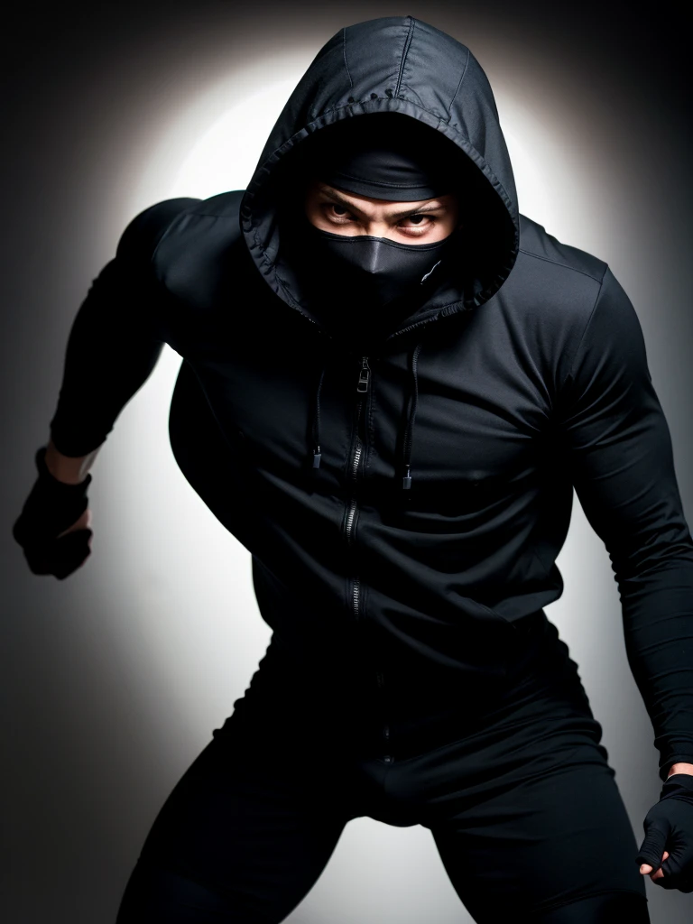 raw photo, ninja photo, black ninja suit, black hood, dark photo, simple black background, backlight, dynamic pose, dynamic angle