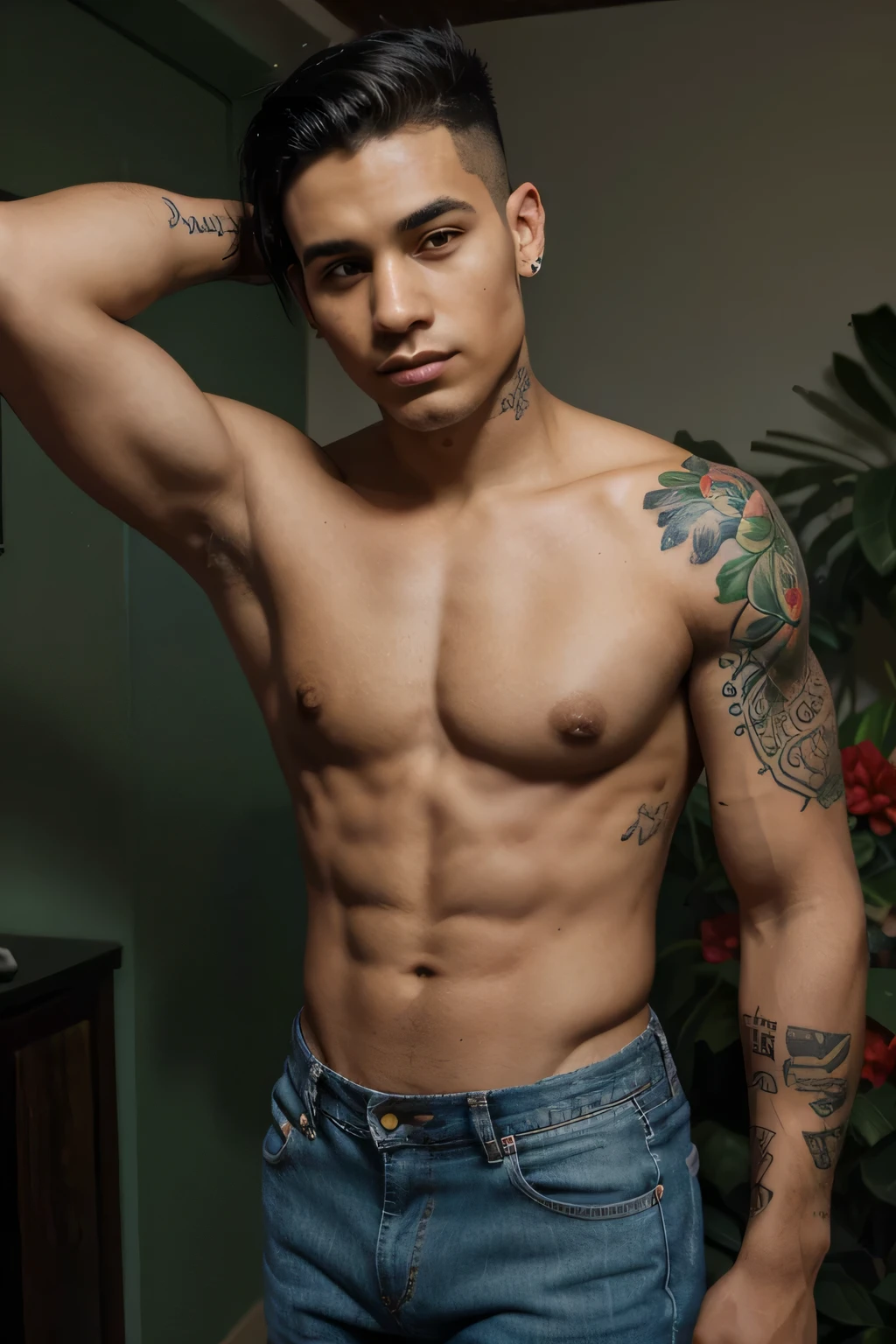 young Cuban, 17 - 24 years old, refined nose, black eyes, funny black hair, modern low fade cut, dark brown skin, sleeve-style tattoo on the left arm that covers its entirety from the shoulder to the wrist and the inner part of it, slim athletic well-defined muscle, without a shirt, showing his second realism-style tattoo in green and red colors with a blue background of flowers, the tattoo covers the right part of his entire rib cage, hot, morbid, provocative, a man who stands out for his colored denim pants blue
