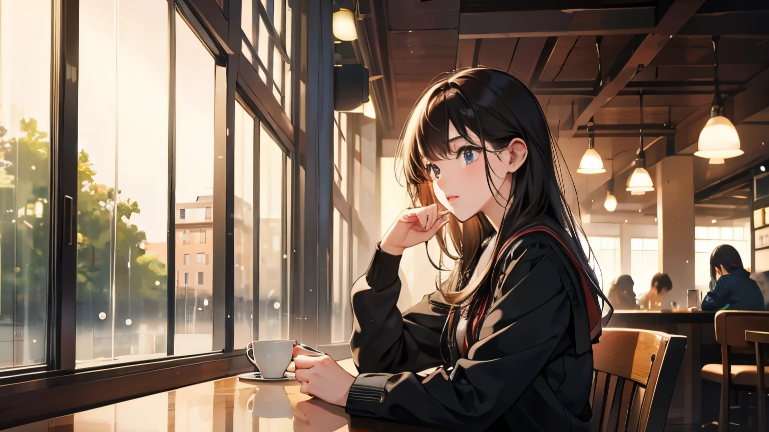 Girl studying in a café、It's raining outside the window、Warm and dim lighting