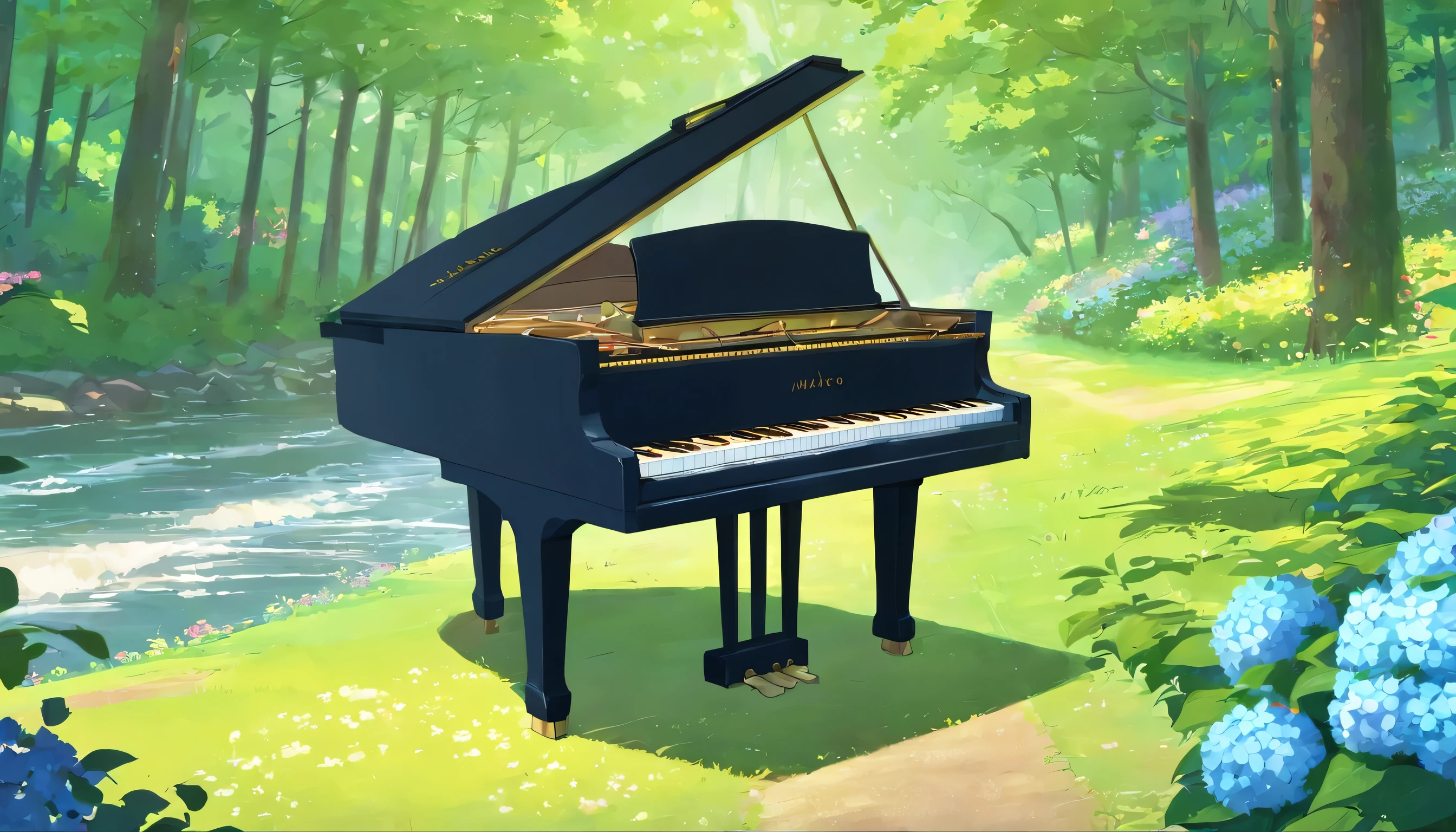 A piano in the middle of the woods near a river、Colorful hydrangeas in full bloom、wood々The sunlight shining through the wood