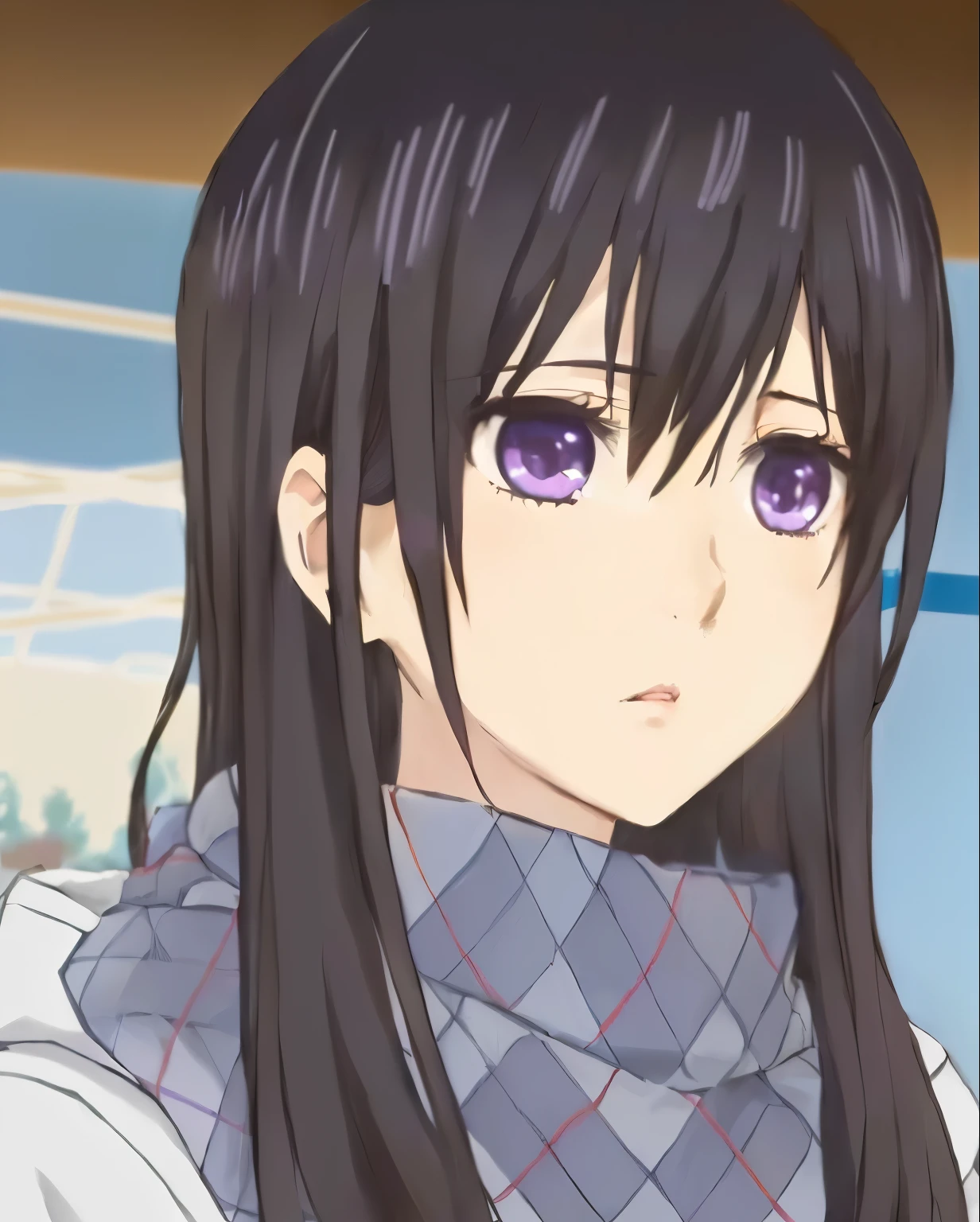 anime girl with long black hair and purple eyes in a white shirt, yuruyuri, anime best girl, anime visual of a cute girl, anime portrait of shiina ringo, she has black hair with bangs, close up iwakura lain, yuyushiki, nagatoro, hinata hyuga, sui ishida with black hair, anime girl named lucy