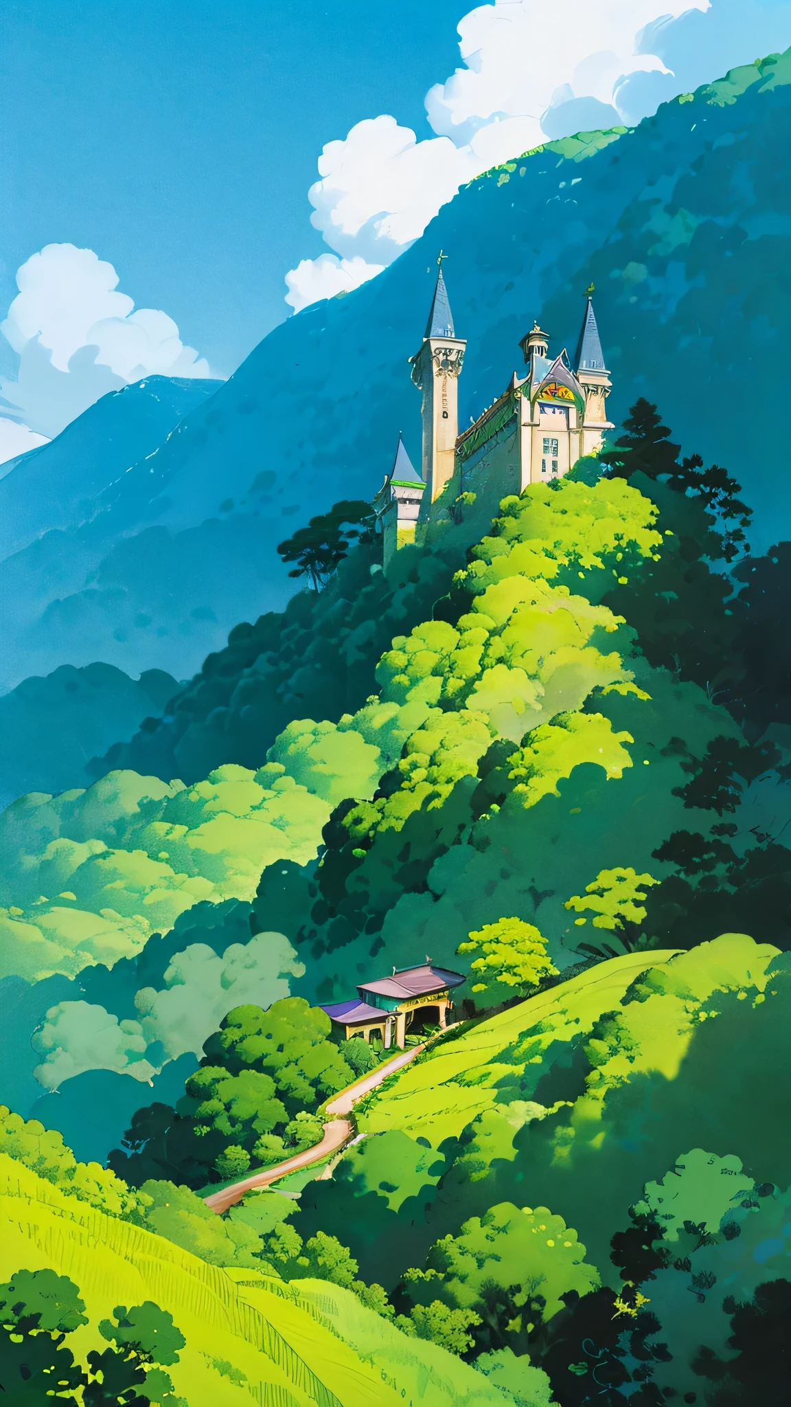 Anime-style panorama unfolds a grand mansion gracefully perched on a luxurious, emerald hillside. Viewed from a lofty vantage, the tableau presents a harmonious blend of foreground and background elements. The mansion, replete with intricate designs and clad in vivid tones, towers over a panorama of undulating hills and valleys, meticulously embellished with a myriad of lush greenery and detailed vegetation. The sky above, a stunning tapestry of melted cobalt and azure, features leisurely drifting cotton-like clouds that dance across the distant horizon. The entire scene, bathed in