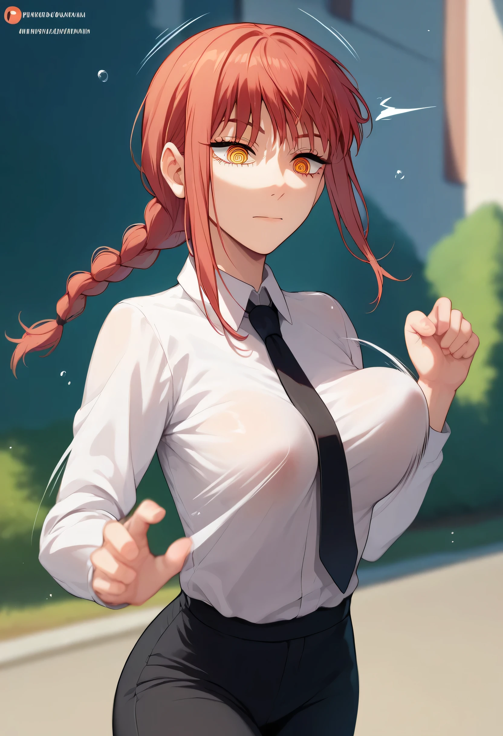 score_9, score_8_up, score_7_up, BREAK 1girl, bouncing breasts, white shirt, covered breasts, makima \(chainsaw man\), black necktie, motion lines, black pants, running,