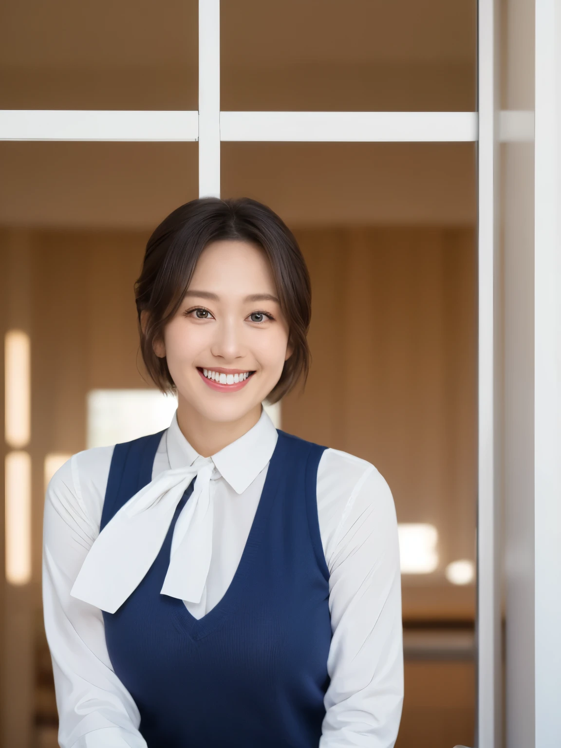 最high quality, In 8K, Masseter region, Vibrant, Sharp focus, high quality, High resolution, Detailed face, fine grain, (Looking at the audience), alone, Beautiful woman, 38 years old, One girl, Mature Woman, （Wearing a navy blue vest:1.5）、（White blouse）、（Gorgeous red ribbon tie:1.6）、 bow, photograph, Realistic, 最high quality, employment, Detailed face, office, Building seen from the window, Detailed Background, Diffused sunlight, Depth of written boundary, （Standard body shape）、（D cup breasts）、（smile:1.5）、（Very short black hair:1.5）、Bob Hair