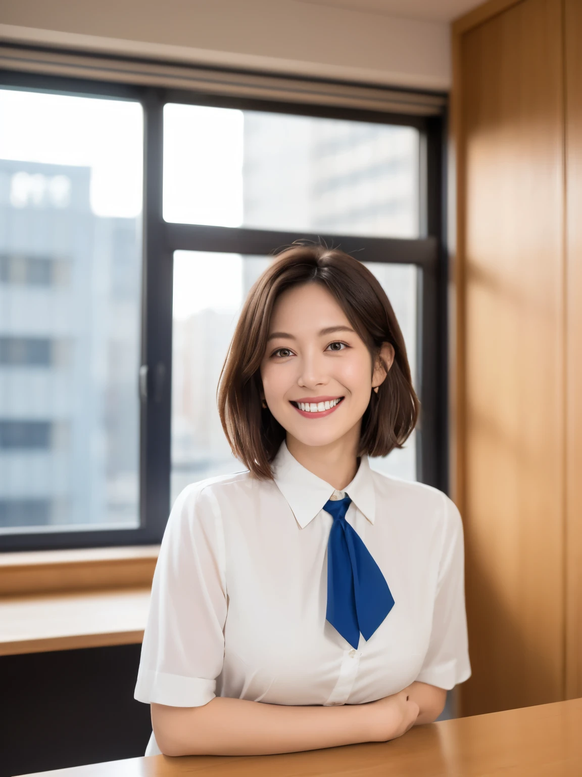 最high quality, In 8K, Masseter region, Vibrant, Sharp focus, high quality, High resolution, Detailed face, fine grain, (Looking at the audience), alone, Beautiful woman, 38 years old, One girl, Mature Woman, (Wearing a navy blue vest:1.5)、(White blouse)、(Gorgeous red ribbon tie:1.6)、 bow, photograph, Realistic, 最high quality, employment, Detailed face, office, Building seen from the window, Detailed Background, Diffused sunlight, Depth of written boundary, (Standard body shape)、(D cup breasts)、(smile:1.5)、(Very short black hair:1.5)、Bob Hair