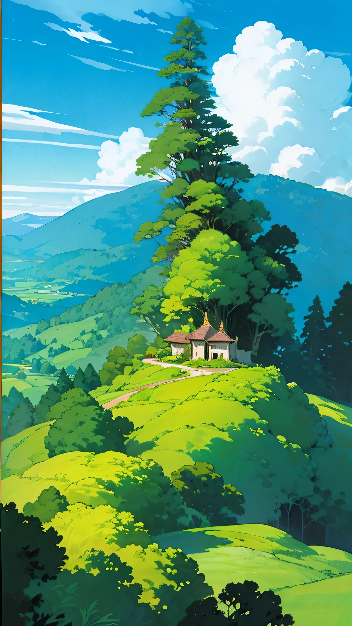 Anime-style panorama unfolds a grand mansion gracefully perched on a luxurious, emerald hillside. Viewed from a lofty vantage, the tableau presents a harmonious blend of foreground and background elements. The mansion, replete with intricate designs and clad in vivid tones, towers over a panorama of undulating hills and valleys, meticulously embellished with a myriad of lush greenery and detailed vegetation. The sky above, a stunning tapestry of melted cobalt and azure, features leisurely drifting cotton-like clouds that dance across the distant horizon. The entire scene, bathed in