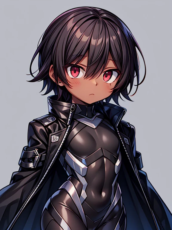 dark skin, male, ((short dark brown hair)), big red eyes and a very androgynous face, wearing a black exoskeleton bodysuit and a long black coat taimanin with sliver accent, black armoured taimanin_suit,