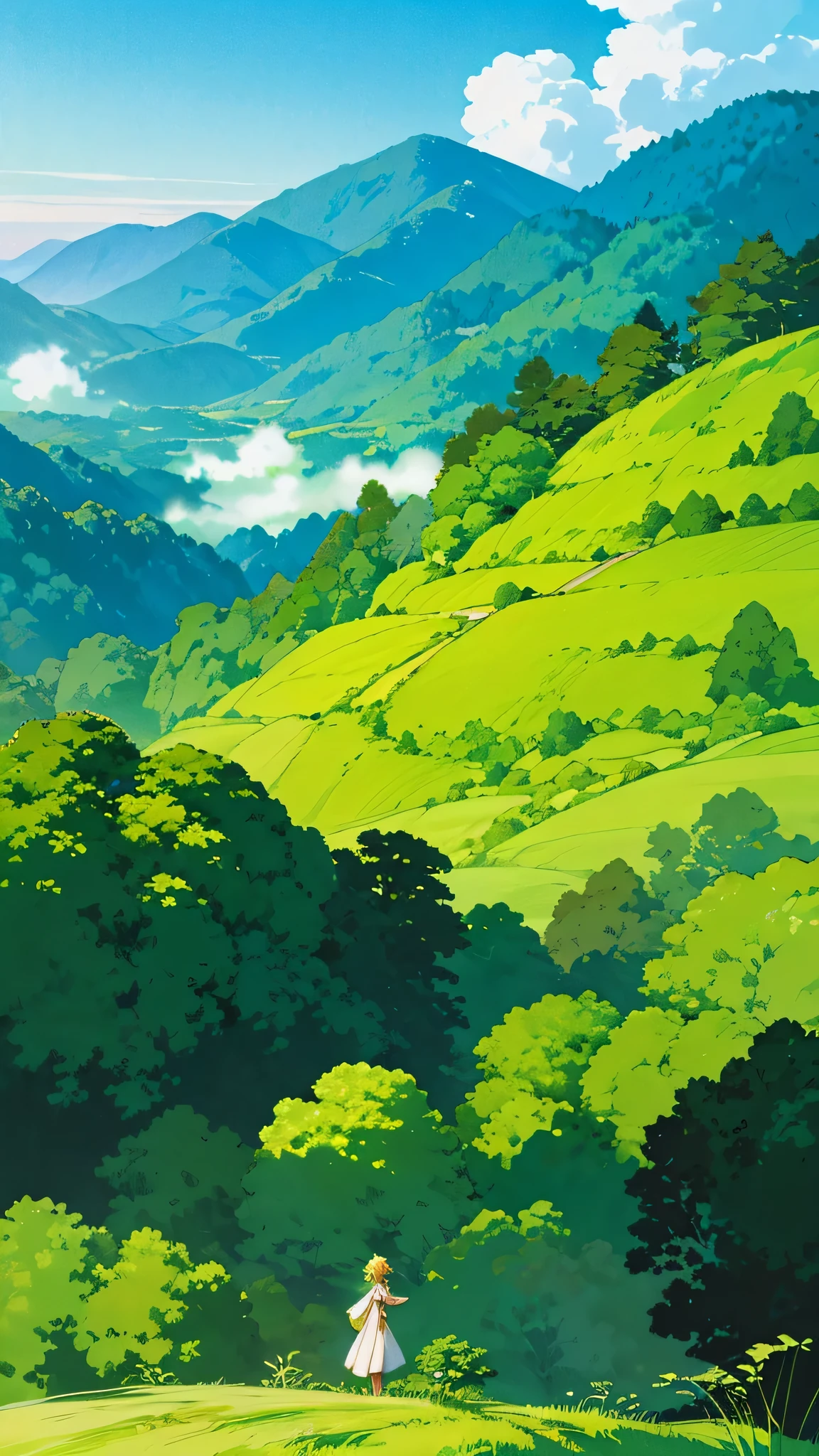 Anime-style masterpiece unfolds a captivating panorama, showcasing a serene house gracefully positioned atop a verdant hill, seen from a lofty vantage point. The scene harmoniously intertwines elements as misty clouds tenderly cradle the mountains in a dignified embrace, with the azure sky stretching out endlessly above, bathed in the soft, golden hour illumination. The intricate details of the lush, emerald green grass and trees are accentuated against this backdrop, their contours skillfully highlighted to perfection. The artfully composed tranquility of this anime tableau stirs the senses and presents a thought-provoking spectacle that inc