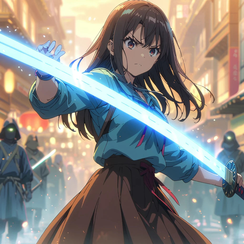 best quality, official art, 4k, cowboy shot, (anime screencap), 1 girl, (long straight brunette hair with blue highlights), brown eyes, (blue smock dress), (brown panel skirt:1.4), standing pose, (holding a samurai sword, katana, white glowing sword), serious face, city background