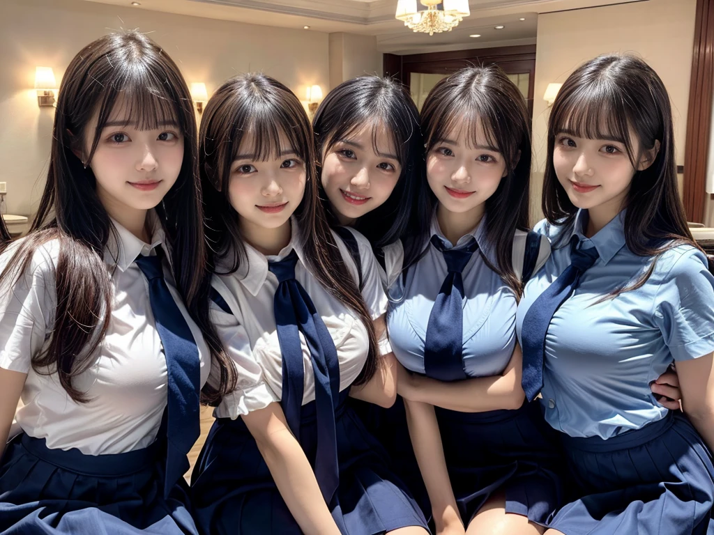 (8K, Raw photography, top-quality, masterpiece:1.2), ((3 beatiful girls))、.(Realistic Skins 1.4)、(((female high-school student、School Uniforms、)))、{{(The background is a luxury hotel room}}((School Uniforms、white Cutter shirt、darkblue pleatedskirt))、((long hair))、(A dark-haired、The forehead is hidden by bangs、)、Black eyes、shinny skin.Beautiful delicate face、Beautiful delicate eyes、{Voluptuous body shape、Thicker thighs}、One piercing in each ear、((smile:1.3)),((large breasts)), ((navy blue tie)) ,looking at camera, ((close up))