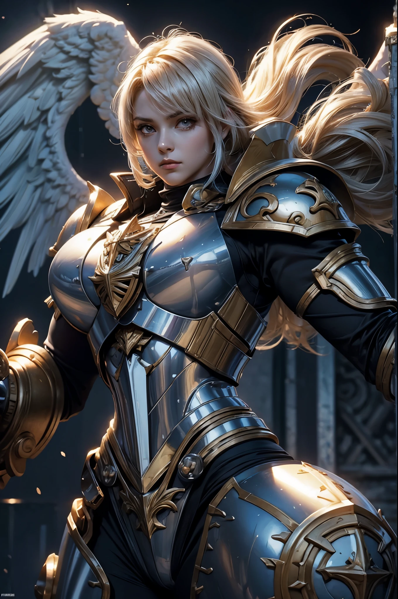 female paladin, plate armor, angel nimbus, (perfect anatomy), (sports body), (Sexual), sport body, (perfect arms), warhammer 40k, 80s anime style