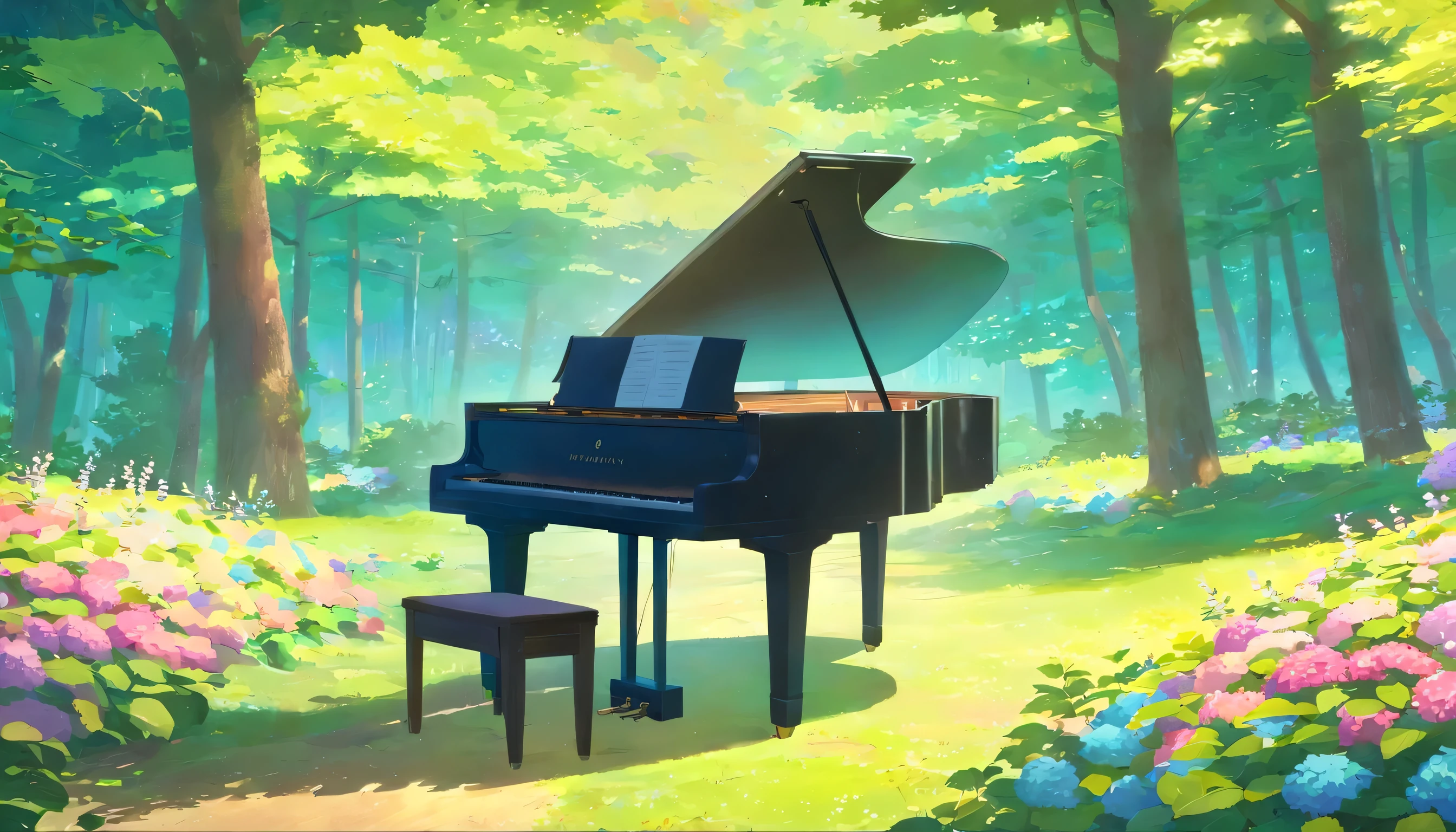 A piano in the middle of the woods near a river、Colorful hydrangeas in full bloom、wood々The sunlight shining through the wood