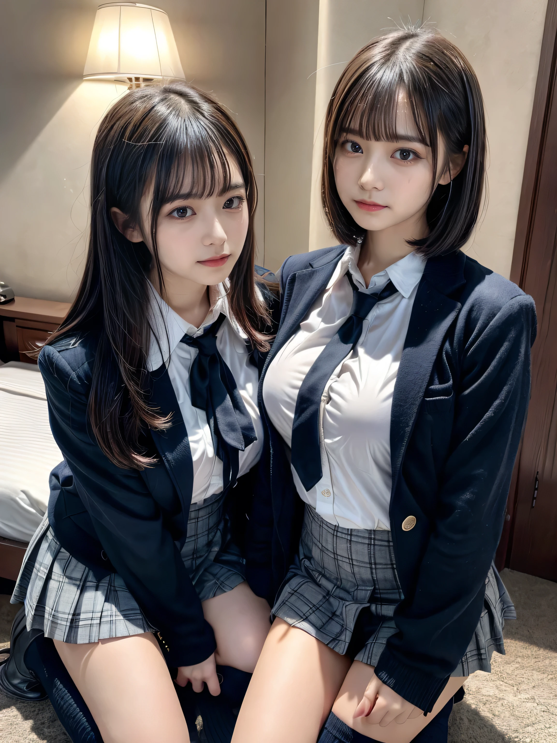 (8K, Raw photography, top-quality, ​masterpiece:1.2), muster piece, best quality, illustration, Super detailed, fine details, High resolution, 8K,wall paper, perfect dynamic composition,(Details High quality, realistic depiction of eyes:1.3), ((2 girls, 2 schoolgirls)), The background is a luxury hotel room、High school girl uniform、blazer 、Super Short Check Uniform Skirt、Navy blue high socks、garterbelts、Colossal tits、Disturbed uniform, Play with each other,Touching each other's bodies,Touching the body of the girl next door, short bob hair, black hair color, huge breasts, Big Natural Color Lip, bold sexy pose, (perfect body shape), crying a little、cold gaze, Harajuku style、Beautiful makeup,glitter makeup,Cutest 18 years old、 beautiful legs, hposing Gravure Idol, Voluptuous thighs
