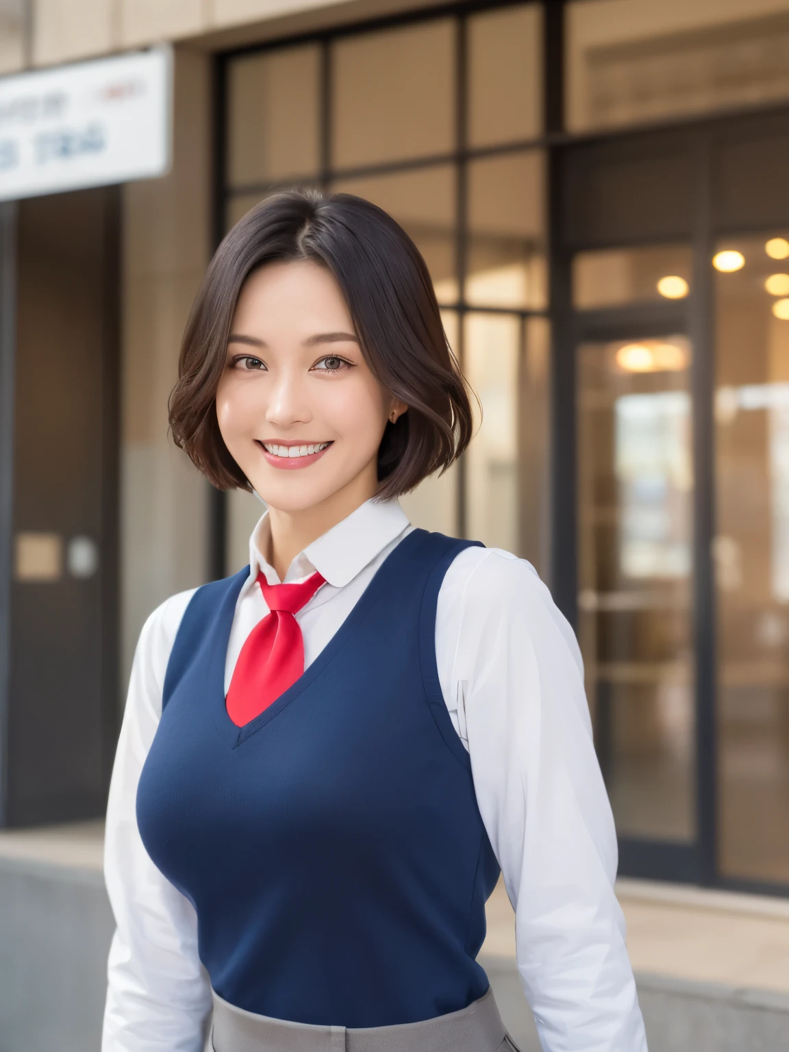 最high quality, In 8K, Masseter region, Vibrant, Sharp focus, high quality, High resolution, Detailed face, fine grain, (Looking at the audience), alone, Beautiful woman, 38 years old, One girl, Mature Woman, （Wearing a navy blue vest:1.5）、（White blouse）、（Gorgeous red ribbon tie:1.6）、 bow, photograph, Realistic, 最high quality, employment, Detailed face, office, Building seen from the window, Detailed Background, Diffused sunlight, Depth of written boundary, （Standard body shape）、（D cup breasts）、（smile:1.5）、（Very short black hair:1.5）、Bob Hair