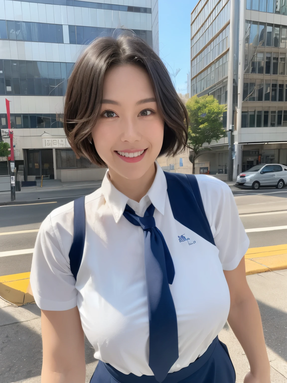 最high quality, In 8K, Masseter region, Vibrant, Sharp focus, high quality, High resolution, Detailed face, fine grain, (Looking at the audience), alone, Beautiful woman, 38 years old, One girl, Mature Woman, （Wearing a navy blue vest:1.5）、（White blouse）、（Gorgeous red ribbon tie:1.6）、 bow, photograph, Realistic, 最high quality, employment, Detailed face, office, Building seen from the window, Detailed Background, Diffused sunlight, Depth of written boundary, （Standard body shape）、（D cup breasts）、（smile:1.5）、（Very short black hair:1.5）、Bob Hair