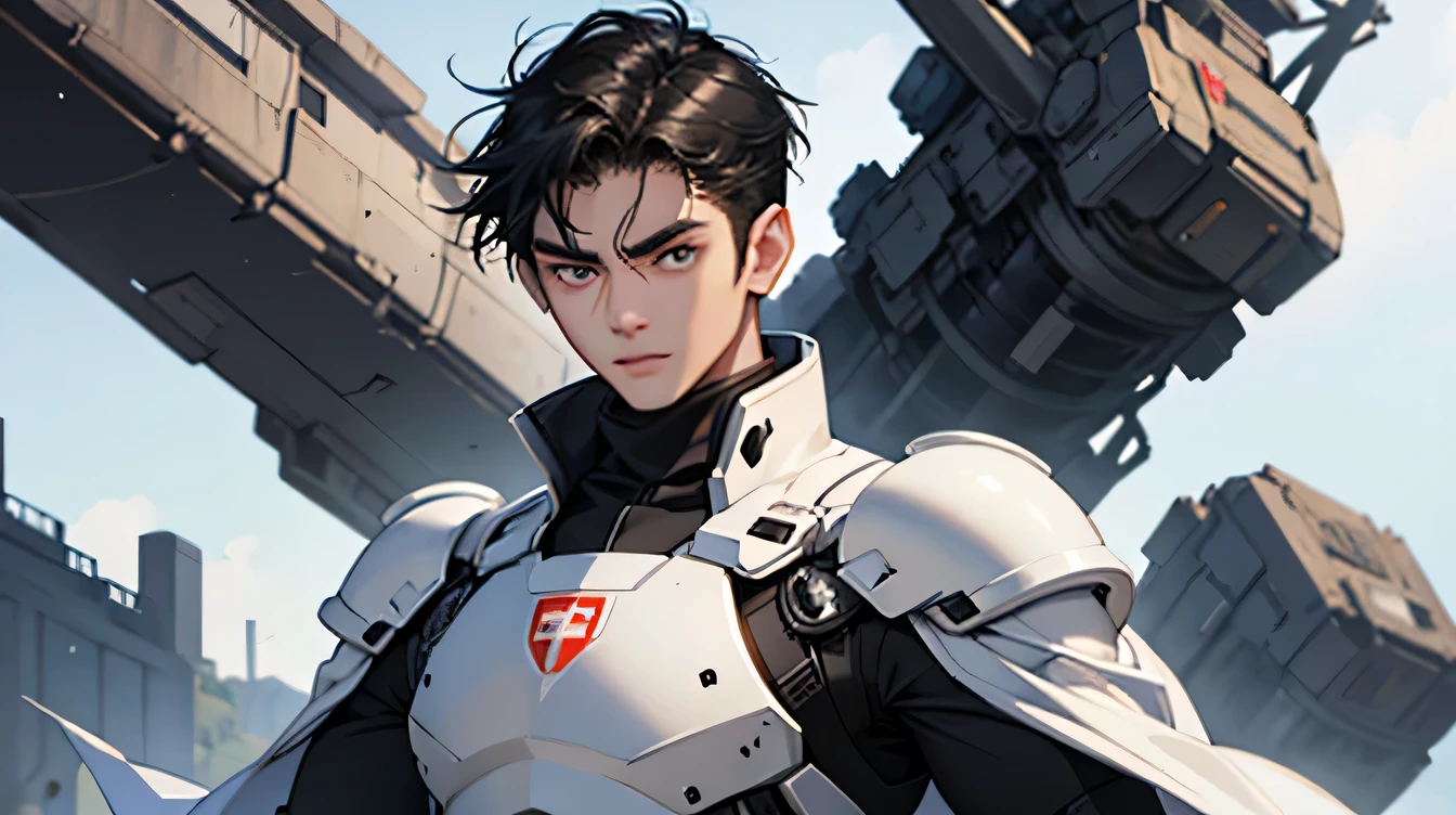 Handsome 18 year old　Very short, cropped black hair　　Cyborg Warrior　White Armor　future　universe　Science fiction　The background is the galaxy universe　looking at the camera