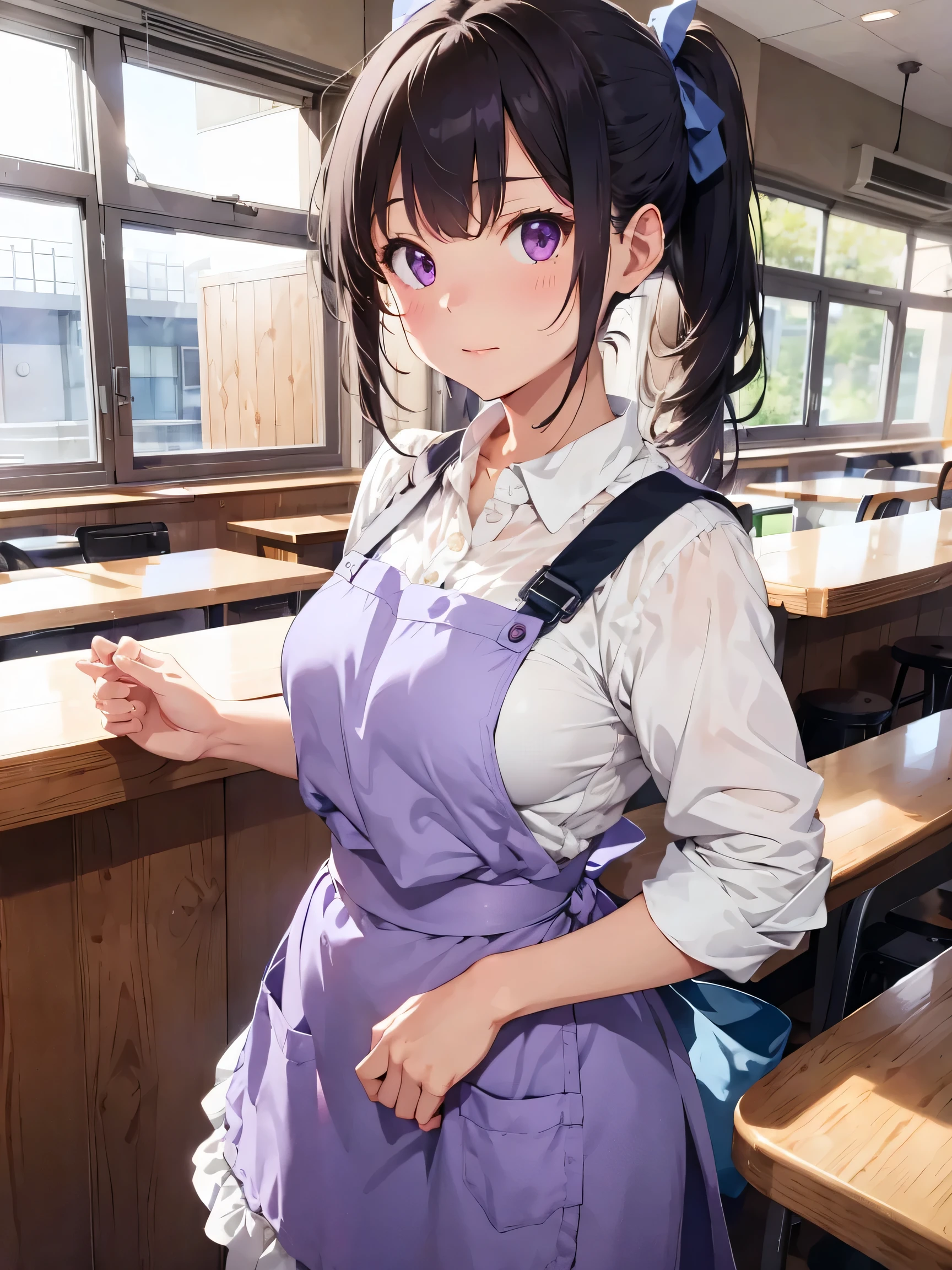 highest quality, 1 girl, Adult, Medium chest, Gray Hair, Medium Hair, ponytail, Light purple、eye, waitress, White shirt, Blue Skirt, Blue Ribbon, white apron, Waist_apron, short_Dispel