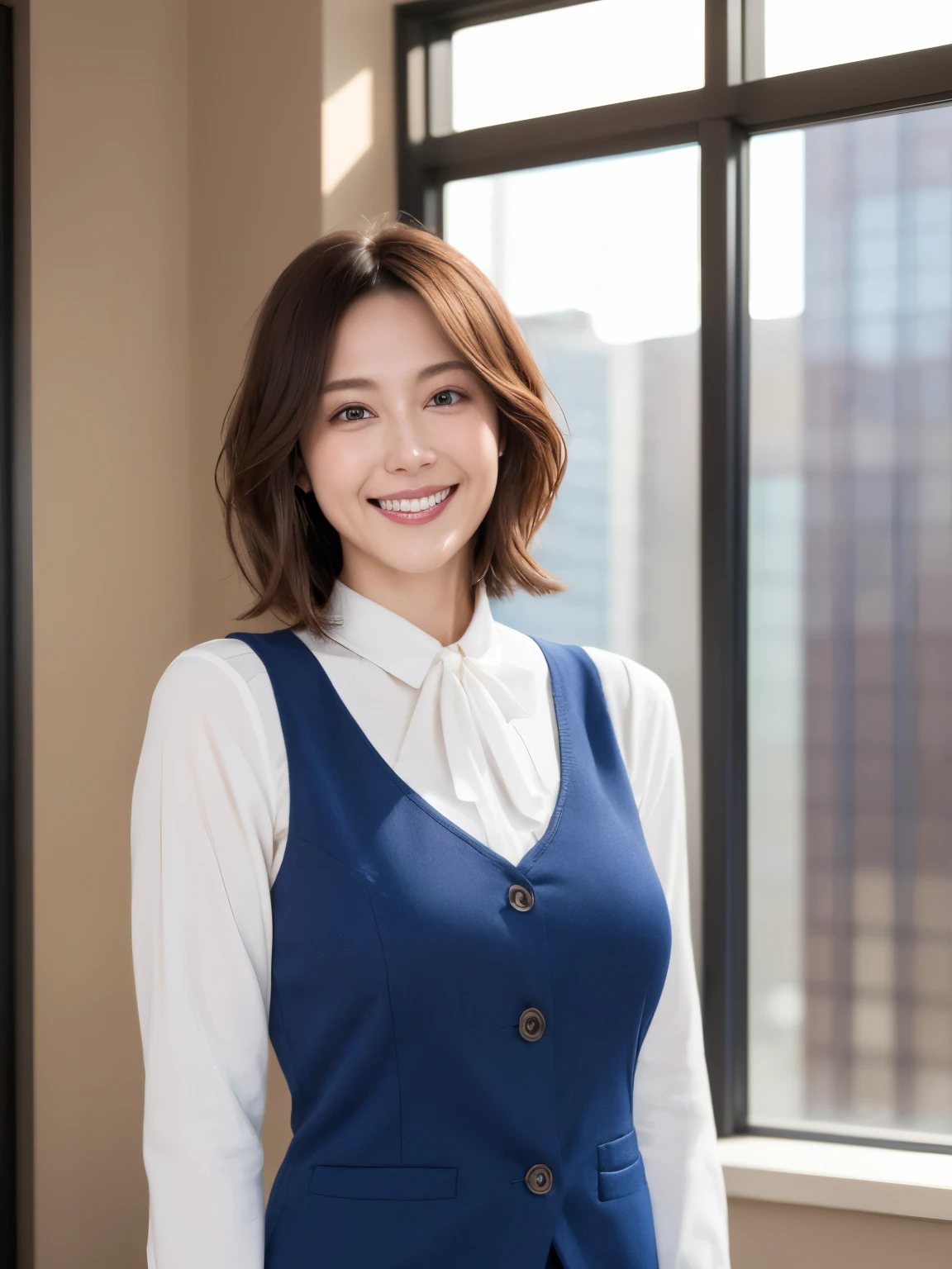 最high quality, In 8K, Masseter region, Vibrant, Sharp focus, high quality, High resolution, Detailed face, fine grain, (Looking at the audience), alone, Beautiful woman, 38 years old, One girl, Mature Woman, (Wearing a navy blue vest:1.5)、(White blouse)、(Gorgeous red, white and blue3Wearing a colored ribbon tie:1.6)、 bow, photograph, Realistic, 最high quality, employment, Detailed face, office, Building seen from the window, Detailed Background, Diffused sunlight, Depth of written boundary, (Standard body shape)、(D cup breasts)、(smile:1.5)、(Very short black hair:1.5)、Bob Hair