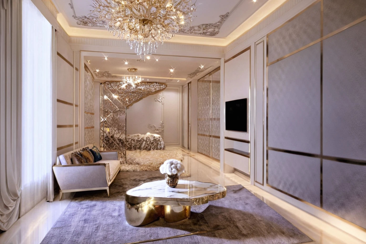 ，Masterpiece, Best quality，8K, Ultra-high resolution，When you step into the living room，Immediately surrounded by a rich atmosphere of luxury。Ornate crystal chandeliers hang high on the wall，Shine brightly。The sofa was covered with a soft white fluffy blanket，It is so comfortable，So much so that you can't help but indulge in it。In the corner of the living room is a delicate coffee table，Embellished with precious porcelain and champagne gold ornaments。Whenever it is late afternoon，The afterglow from the window spilled on the floor，Soft light and shadow are reflected，It was as if entering a dreamland。