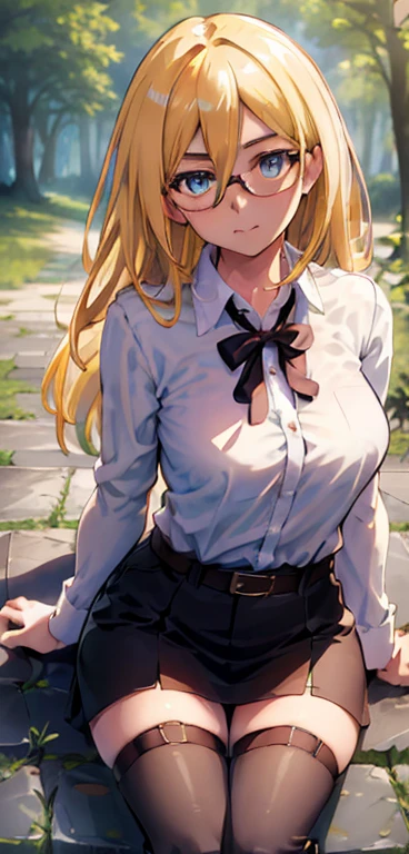 (day:1.7), Forest background,
sitting on the floor,long sleeves,belt, Black_pencil_skirt, wearing glasses
thigh strap, thighs,
blonde hair,blue eyes,bangs, Long_hair,(hair between eyes:1.3),
1 girl, 20yo,mature female,Beautiful Finger,Beautiful long legs,Beautiful body,Beautiful Nose,Beautiful character design, perfect eyes, perfect face,
looking at viewer, in the center of the image,focus on face,
NSFW,official art,extremely detailed CG unity 8k wallpaper, perfect lighting,Colorful, Bright_Front_face_Lighting,
(masterpiece:1.0),(best_quality:1.0), ultra high res,4K,ultra-detailed,
photography, 8K, HDR, highres, absurdres:1.2, Kodak portra 400, film grain, blurry background, bokeh:1.2, lens flare, (vibrant_color:1.2)
(Beautiful,Large_Breasts:1.2), (beautiful_face:1.5),(narrow_waist),