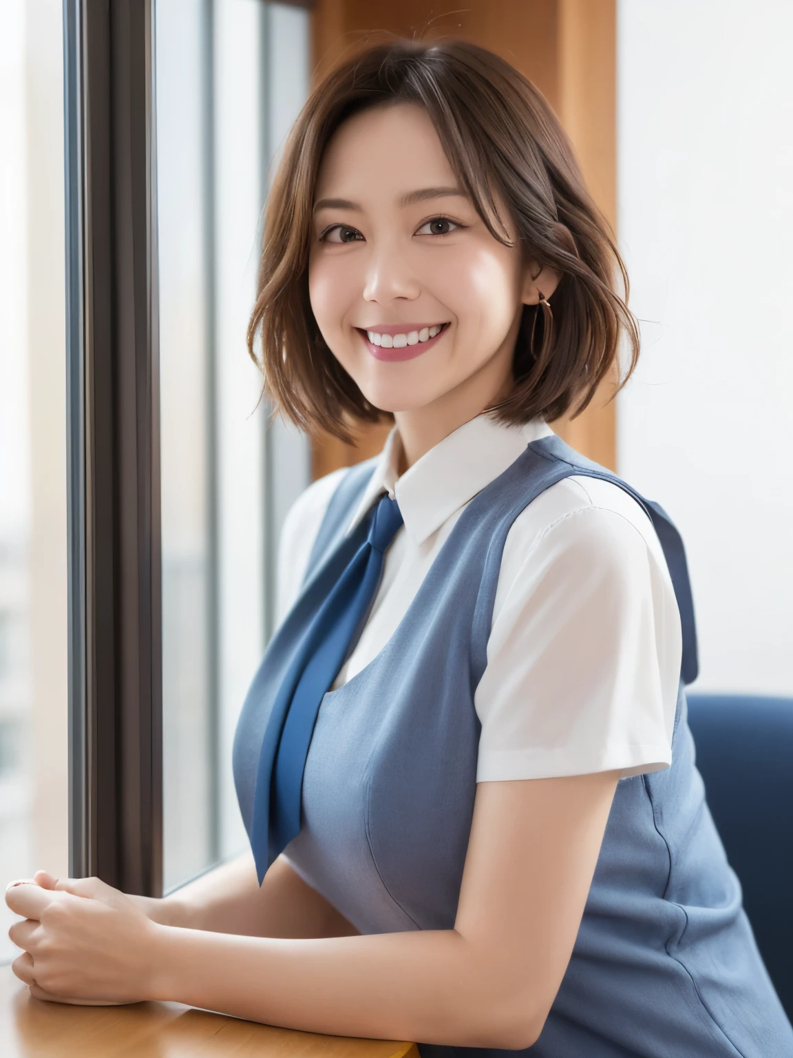 最high quality, In 8K, Masseter region, Vibrant, Sharp focus, high quality, High resolution, Detailed face, fine grain, (Looking at the audience), alone, Beautiful woman, 38 years old, One girl, Mature Woman, (Wearing a navy blue vest:1.5)、(White blouse)、(Gorgeous red ribbon tie:1.6)、 bow, photograph, Realistic, 最high quality, employment, Detailed face, office, Building seen from the window, Detailed Background, Diffused sunlight, Depth of written boundary, (Standard body shape)、(D cup breasts)、(smile:1.5)、(Very short black hair:1.5)、Bob Hair