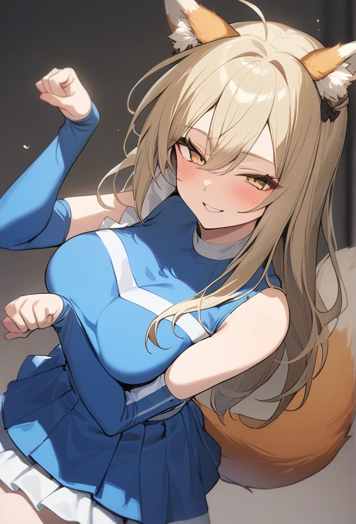 best quality,medium quality,1girl,gold hair, kitsune dance, Fox ears detached sleeves, blue shirt,
cowboy shot, best smile
