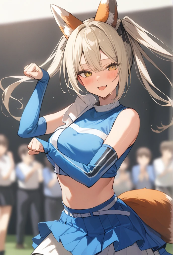 best quality,medium quality,1girl,gold hair, kitsune dance, Fox ears detached sleeves, blue shirt,
cowboy shot, best smile
