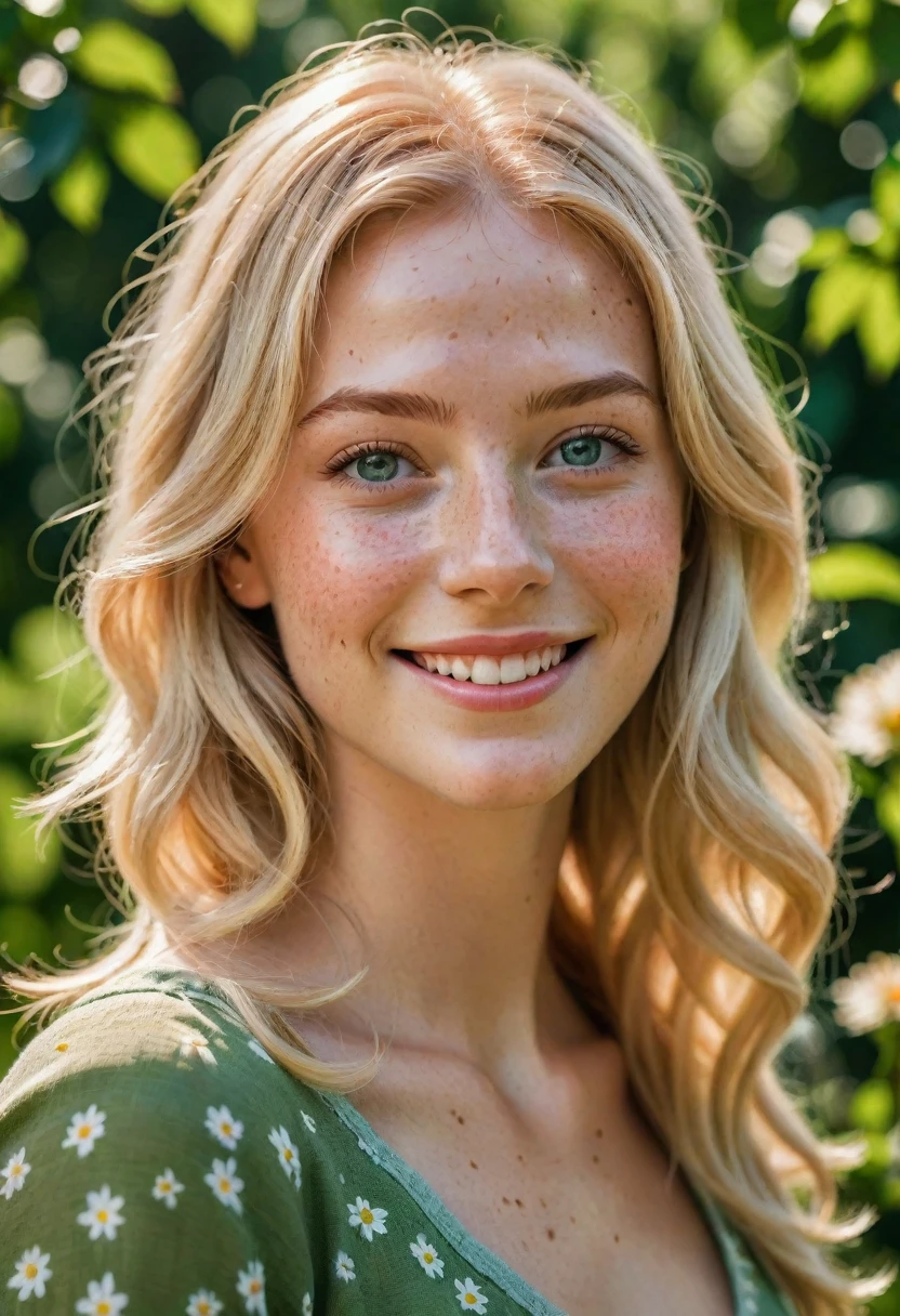 (best quality,4k,highres,masterpiece:1.2),ultra-detailed,realistic:1.37,blonde hair,happy,cheerful,bright and sparkling eyes,realistic skin,detailed shading,a few freckles on the face,beautiful smile,feminine,green garden background,natural lighting,vibrant colors