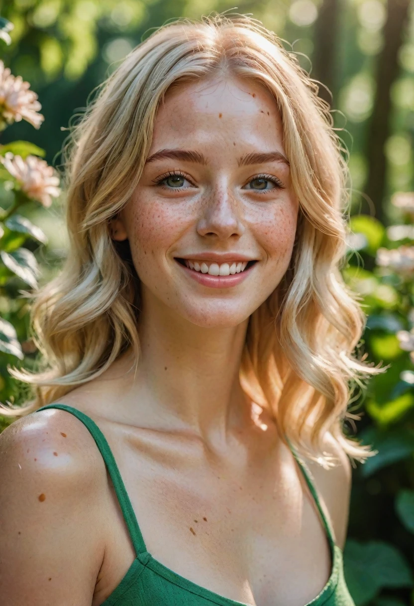 (best quality,4k,highres,masterpiece:1.2),ultra-detailed,realistic:1.37,blonde hair,happy,cheerful,bright and sparkling eyes,realistic skin,detailed shading,a few freckles on the face,beautiful smile,feminine,green garden background,natural lighting,vibrant colors