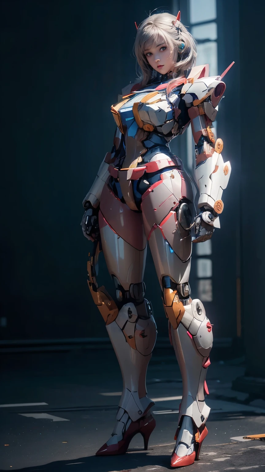 Textured skin, Super Detail, Attention to detail, high quality, high quality, High resolution, 1080p, hard disk, beautiful,(Gundam Girl),beautiful,Mecha Cyborg Girl,Battle Mode,Girl with a mechanical body,She wears a futuristic Gundam mecha,Full Body Shot