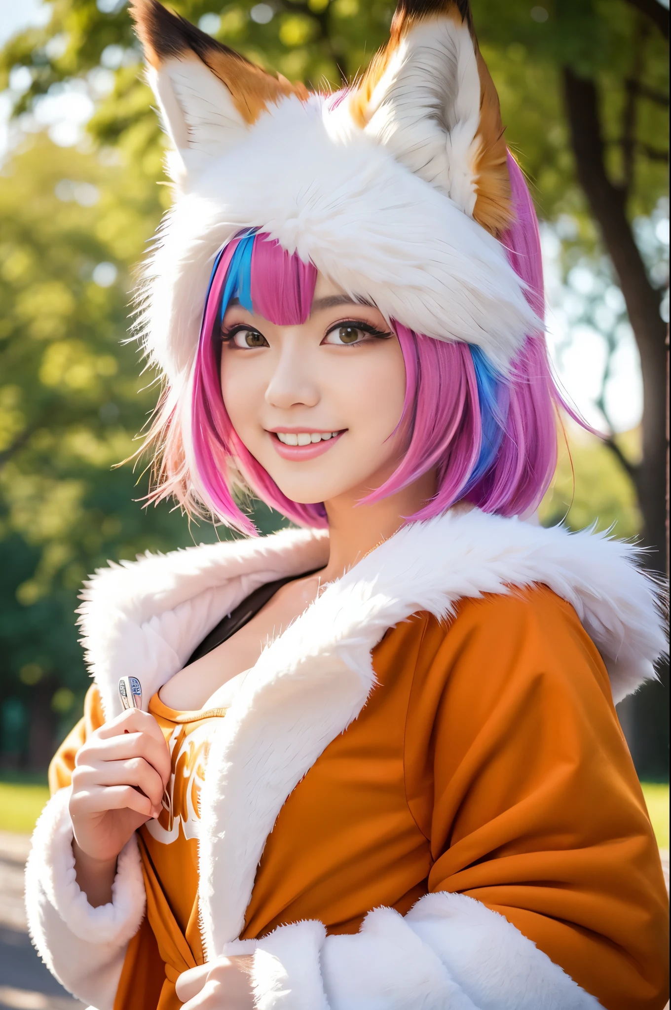 ultra sexy female, (-anime), only 1 female, very short hair, beautiful smile, lipgloss, long lashes, defined eyebrows, fluffy fur fox cosplay, fluffy fur vivid colors outfit, fox cosplay accessoires, fox ears, vivid colors, look at the camera, cinematic light, large park background with trees, sweet and sexy pose