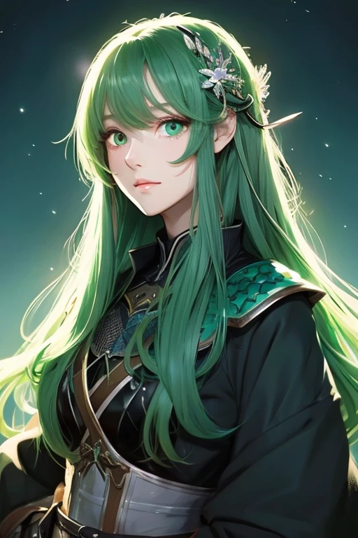 Long, slightly messy viridian hair、Eyebrow-high bangs、Big emerald eyes、An anime-style illustration of a gentle-looking female knight wearing a black jacket