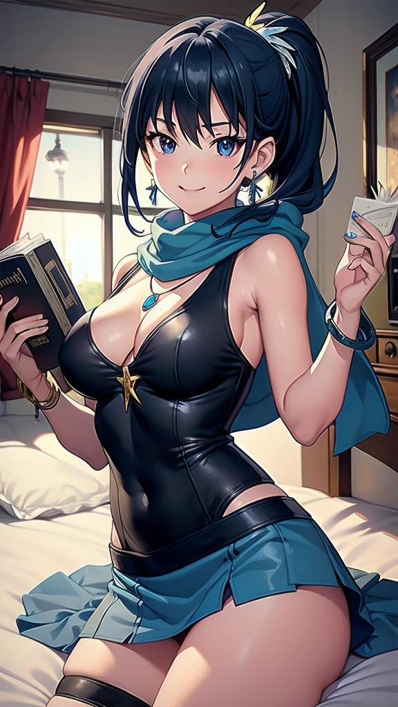 masterpiece, best quality, 1 solo girl, blue hair, black eyes, long hair, medium breasts, sexy body and face, wavy hair, smile, sleeveless shirt, scarf, black thigh-high, mini skirt, pendant, bracelet, jewelry, earrings, feather hair ornament, book, lying at the bed, night, sexy pose, cowboy shots, detailed body, face, and eyes, sharp focus, vibrant, creative, dynamic, high definition, high resolution, 8k, (Upscale: R-ESRGAN 4x+ Anime6mage enchance:4x), voluptuous body, cinema lightning, dakimakura style, looking at the viewer, low ponytail