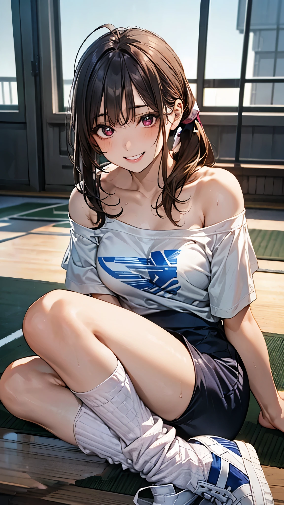 (masterpiece:1.2, top-quality), table top:1.2, (realistic, photorealistic:1.4), beautiful illustration, (natural side lighting, movie lighting),
looking at viewer, full body, 1 girl, japanese, high school girl, perfect face, (perfect anatomy, anatomically correct, super detailed skin), cute and symmetrical face, shiny skin,
(medium hair, ponytail hair, wheat beige hair), messy hair, bangs, maroon eyes, long eye lasher, (large breasts, seductive thighs), slender,
beautiful detailed hair, beautiful face, beautiful detailed eyes, beautiful clavicle, beautiful body, beautiful chest, beautiful thigh, beautiful legs, beautiful hands, (five fingers)
(detailed cloth texture, (blue t-shirt, black leggings, off-shoulder design t-shirt, white socks), sneakers), espadrilles,
(beautiful scenery), summer, evening, (dance in the gym, left arms up, jump), sweat, (grin, laugh),