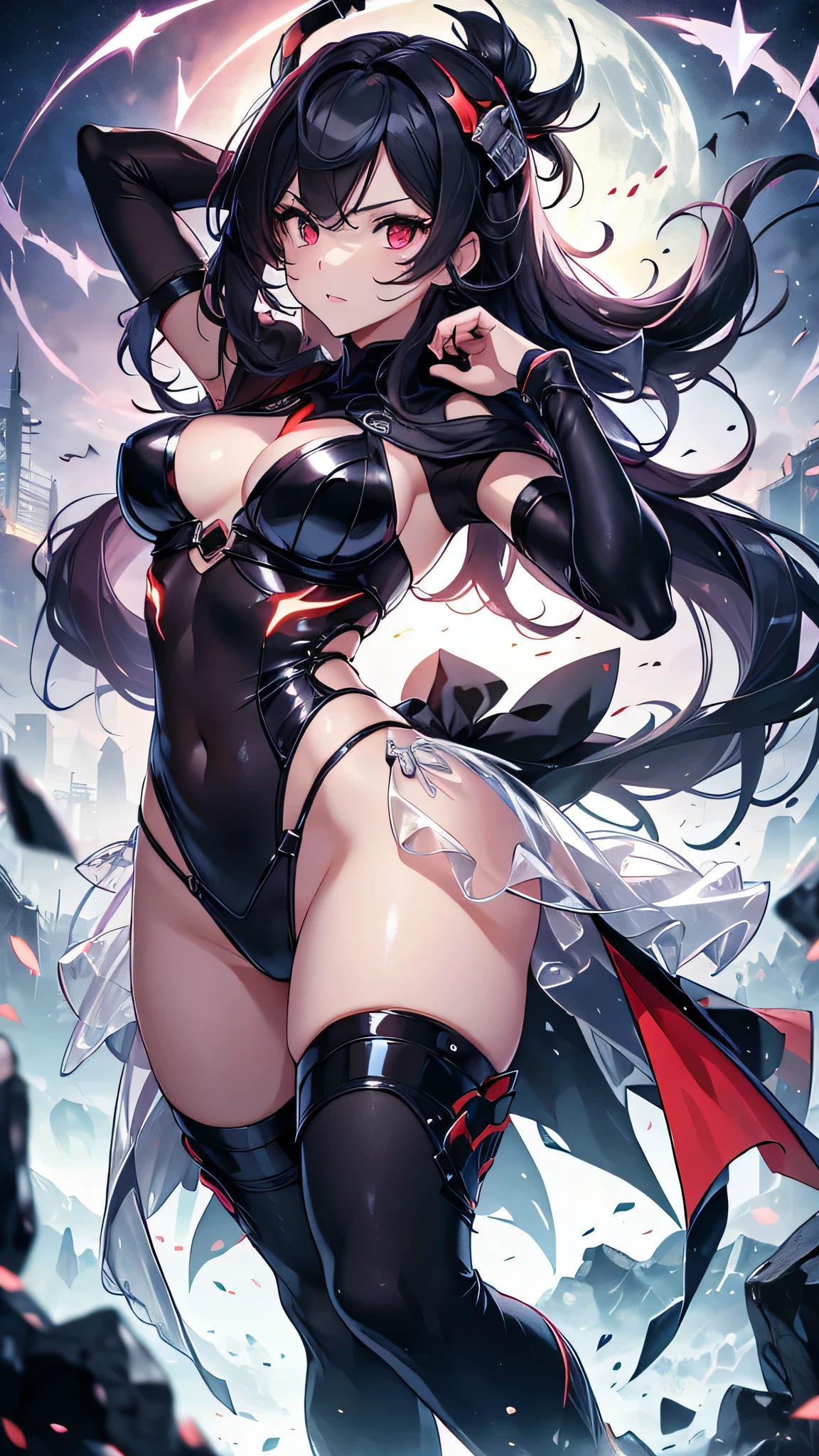 Highest quality、Highest quality、Masterpiece、girl((Age 25、as soon as、Highest Bust、Medium Bust、Wide open chest、Red glowing eyes、Black Ear、Red Mesh、Disheveled Hair、Loincloth、thin、The best valley、Open chest、Luminous Wristbands、hair ornaments、Full body view、black ninja costume、revolver、scar、Full body scar、Fighting Pose))、high quality、Beautiful Art、background((night、Ninja World))、flight、Flying Debris、Depth of text、movie、Visual Arts、Perfect Art、8K、Genuine、