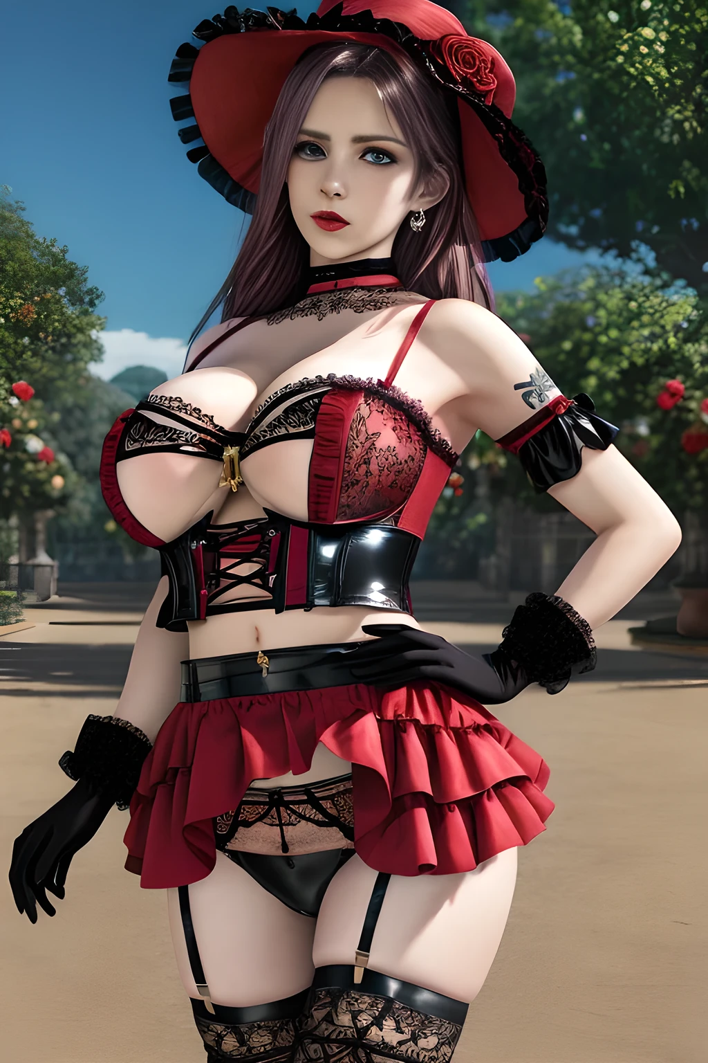 1 girl,BREAK (Royal:1.4), (red and black theme:1.5), ((red) bucket hat with rose corsage:1.4), (fusion of black high neck crop top and latex (red bustier):1.4), ((floral lace, see-through):1.3), ((sleeveless, bare shoulders):1.3), (red tiered skirt with black ruffles:1.4), ((ultra long gloves) with floral lace:1.3), (wrap a (cat garter) around thighs:1.4), outdoor,elegant,nighttime,moonlighe,shiny skin,( huge breasts), lip gloss,tattoos, masterpiece, best quality, realistic ,Surrealism,natural colors art in 8k,soft shadows,High-definition RAW color photos professional portrait photos,solo, elise,